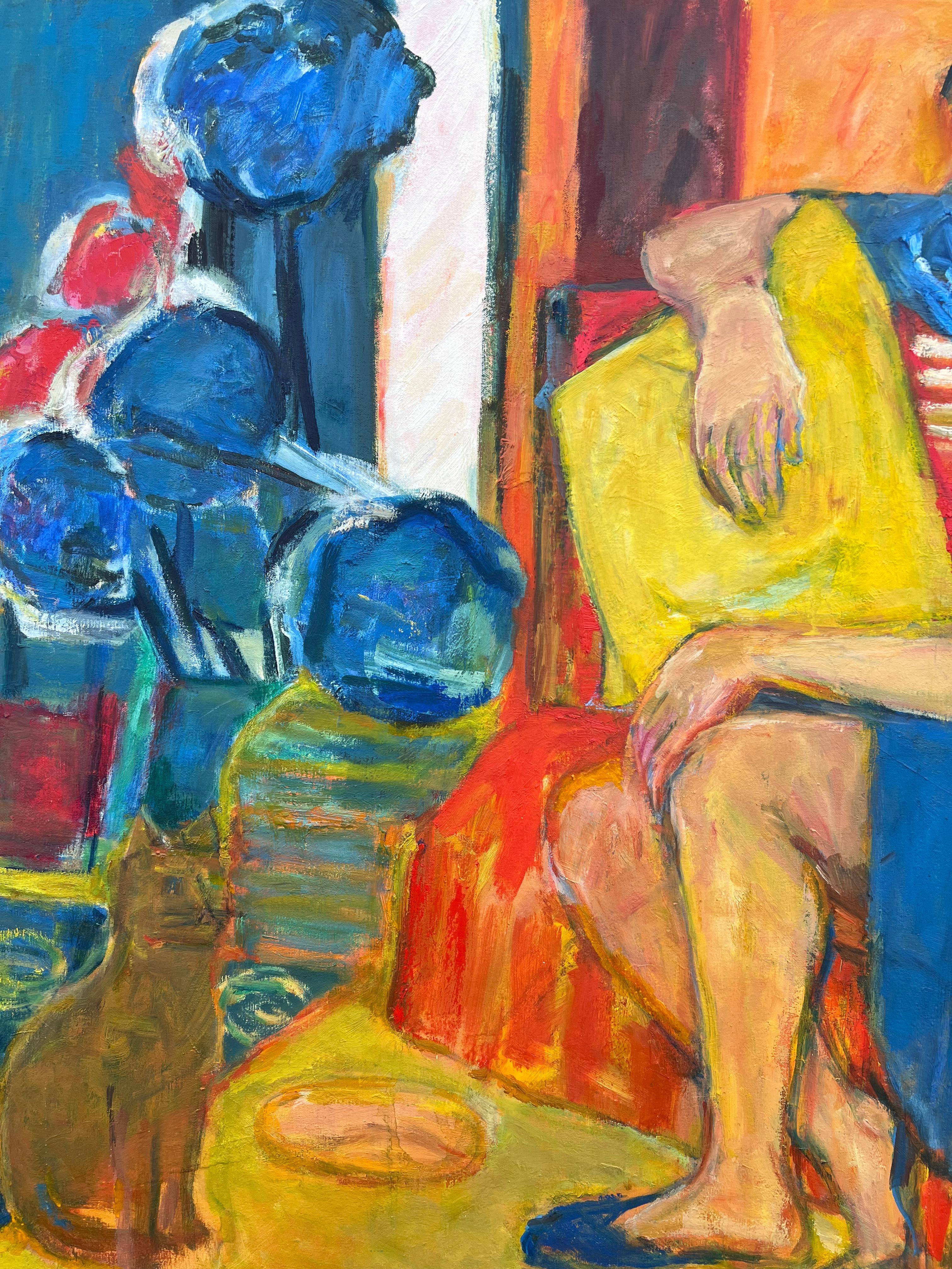 Huge 20th Century French Modernist Interior Scene Lady & Cat Matisse Inspired - Brown Interior Painting by Huguette Baudrot