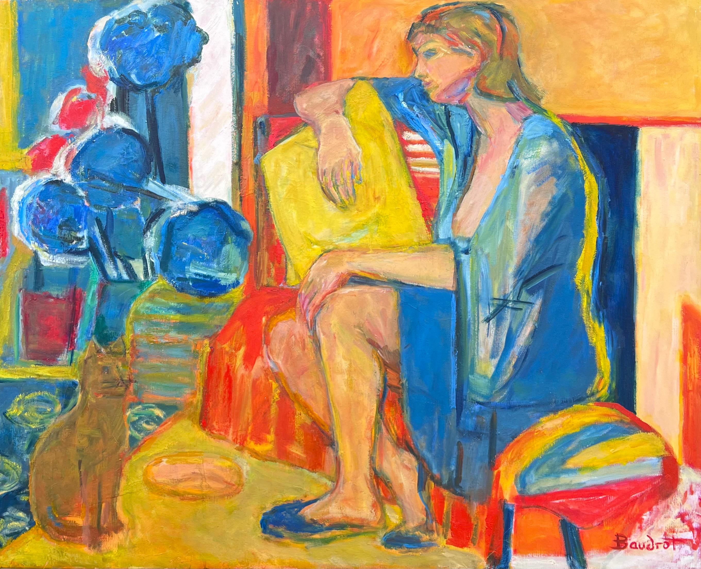 Huge 20th Century French Modernist Interior Scene Lady & Cat Matisse Inspired
