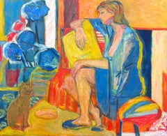 Huge 20th Century French Modernist Interior Scene Lady & Cat Matisse Inspired