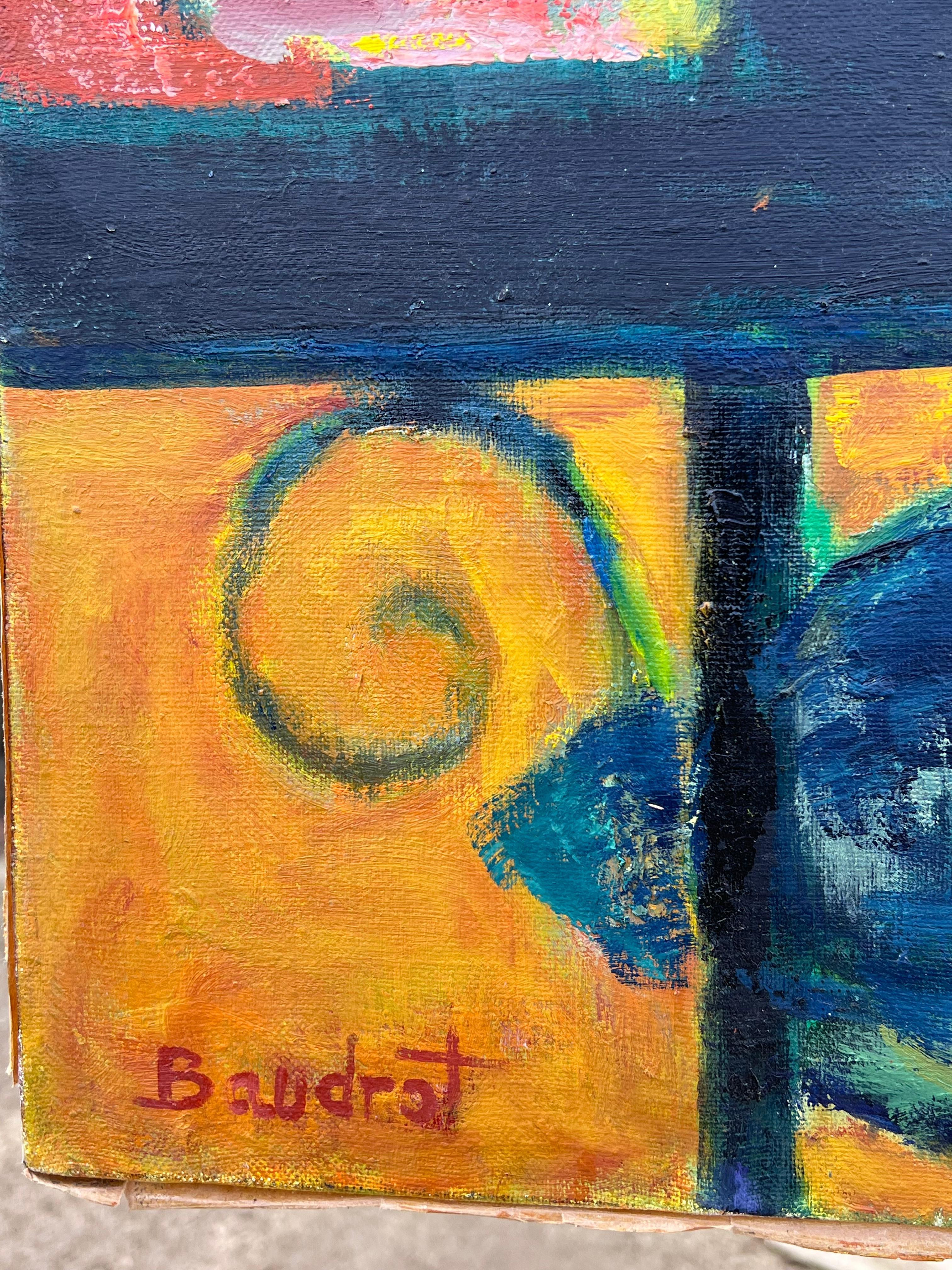 HUGE 20th Century French Modernist Oil Painting Figures on Park Bench with Cat For Sale 7