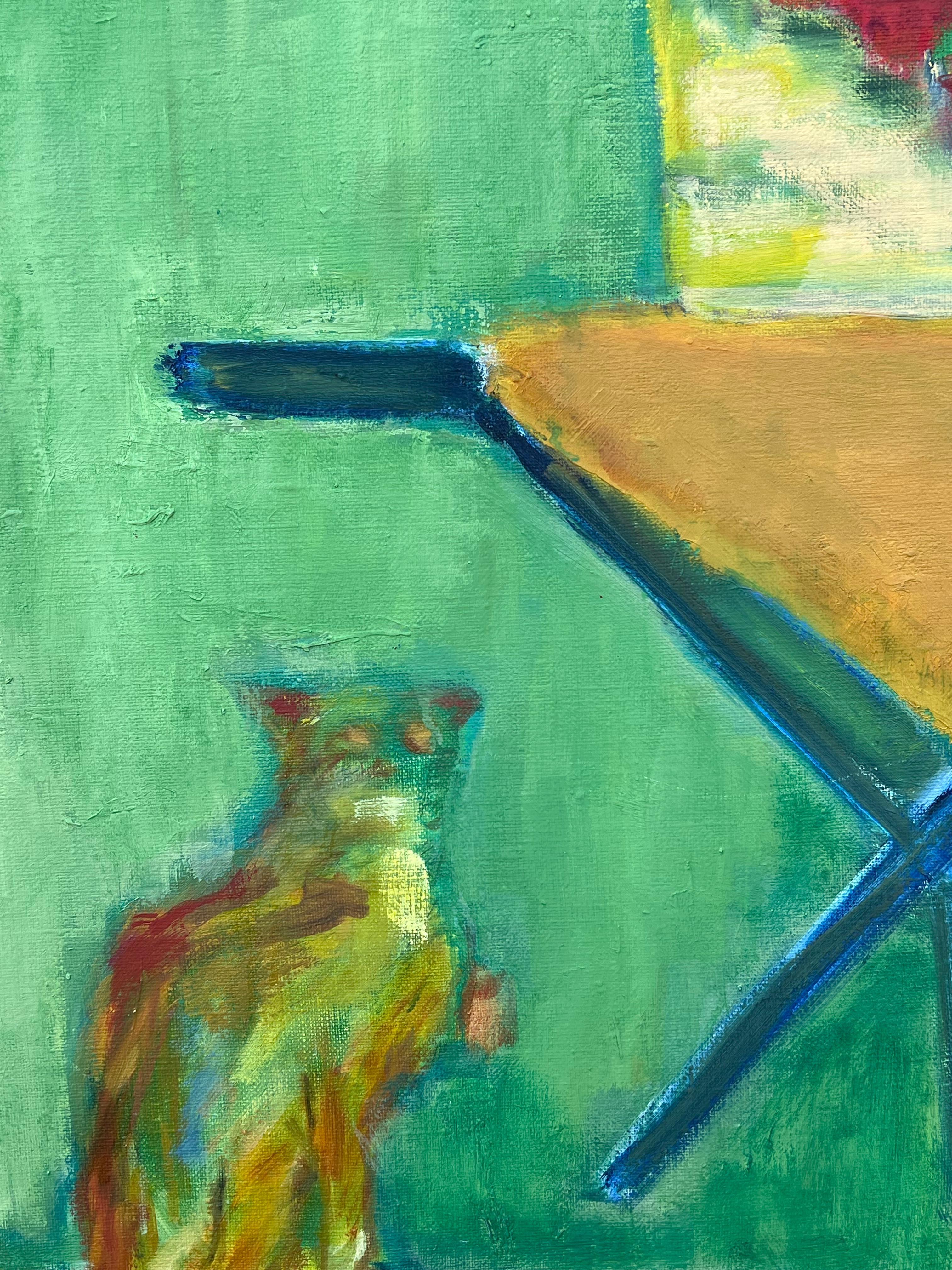 HUGE 20th Century French Modernist Oil Painting Figures on Park Bench with Cat For Sale 8