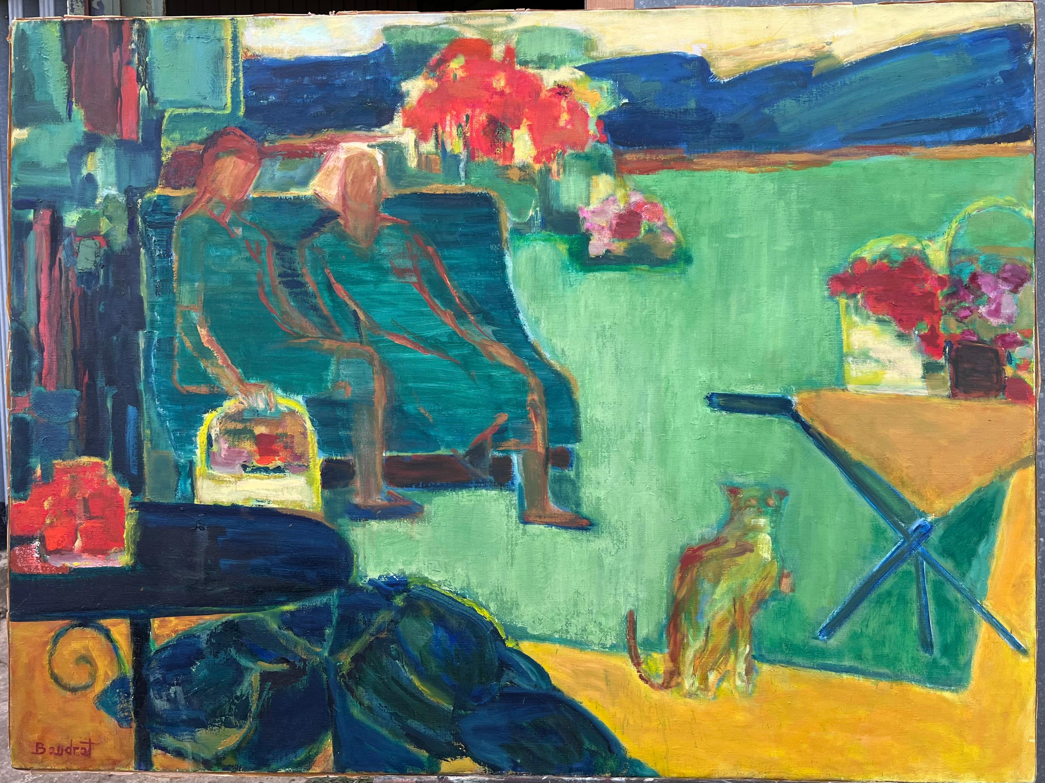 HUGE 20th Century French Modernist Oil Painting Figures on Park Bench with Cat - Blue Landscape Painting by Huguette Baudrot