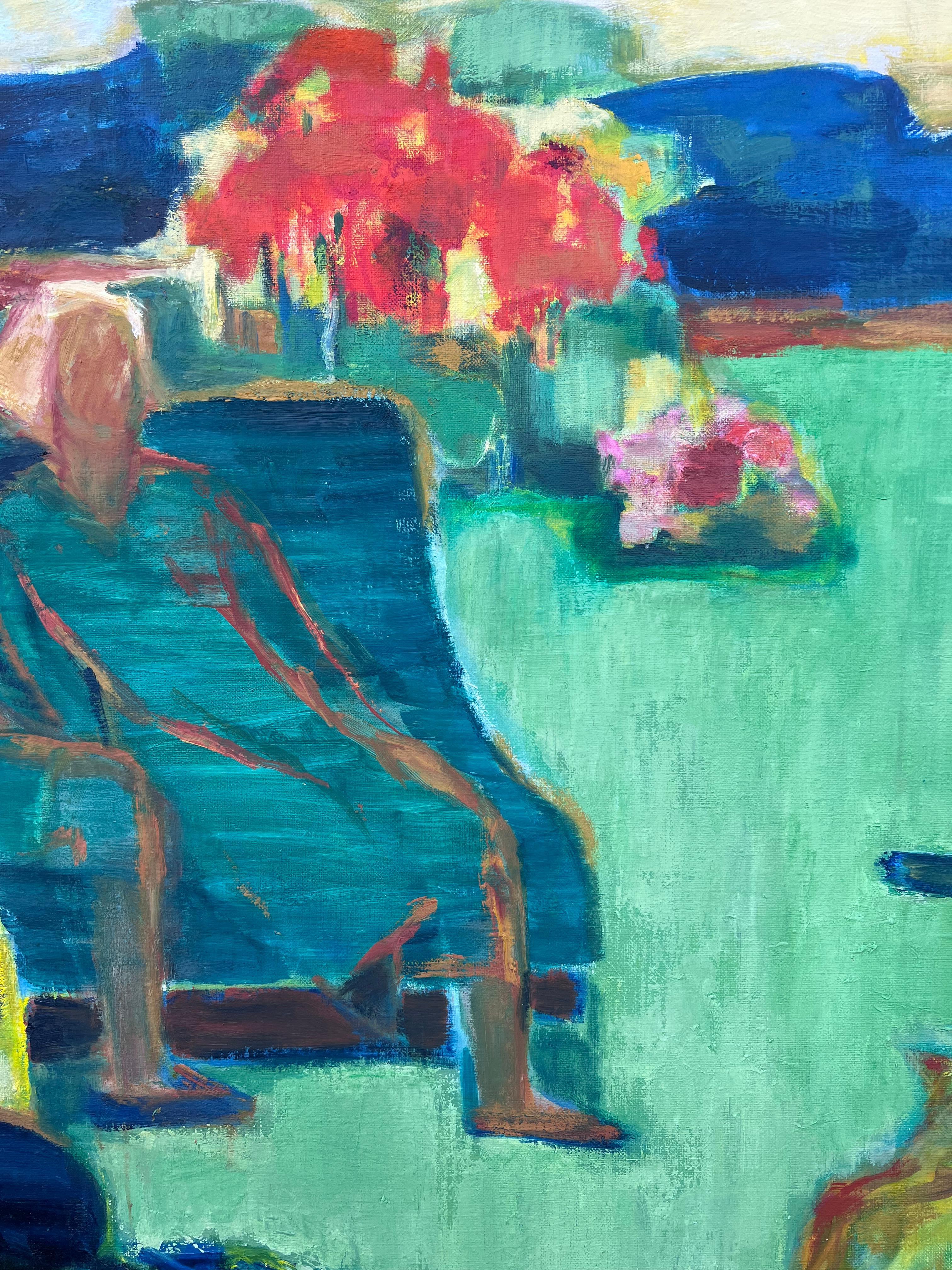 HUGE 20th Century French Modernist Oil Painting Figures on Park Bench with Cat For Sale 1