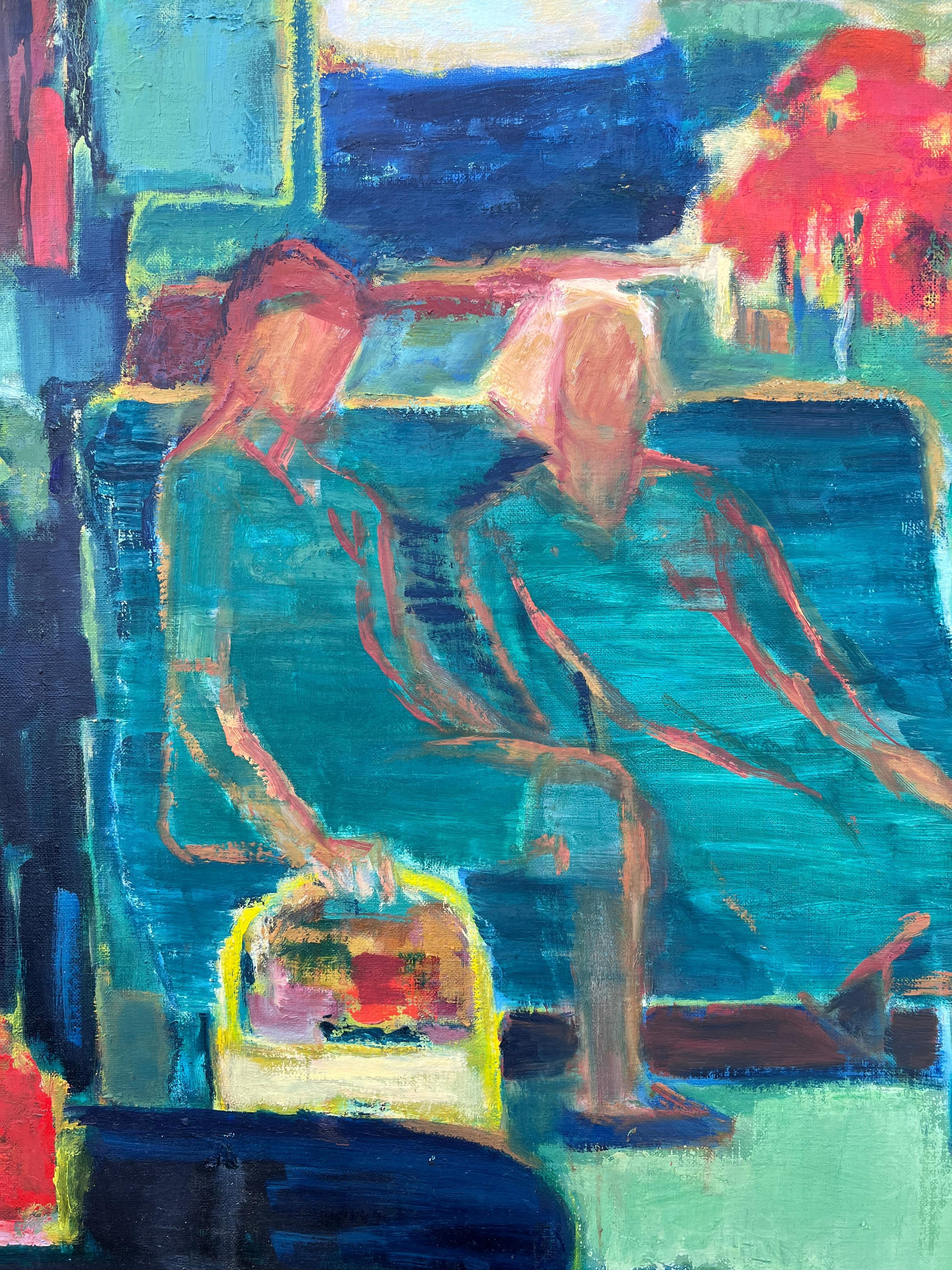HUGE 20th Century French Modernist Oil Painting Figures on Park Bench with Cat For Sale 2