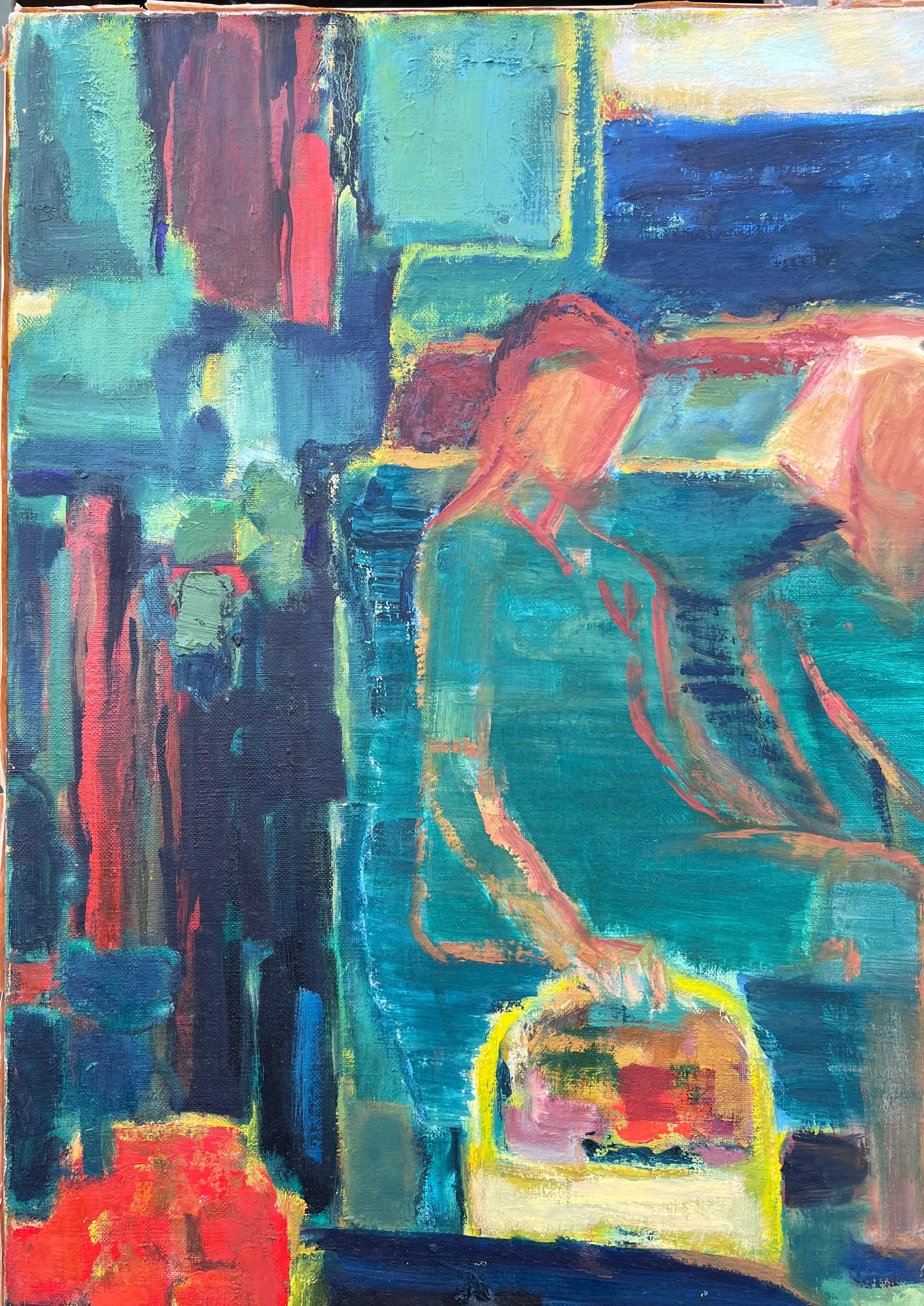HUGE 20th Century French Modernist Oil Painting Figures on Park Bench with Cat For Sale 3