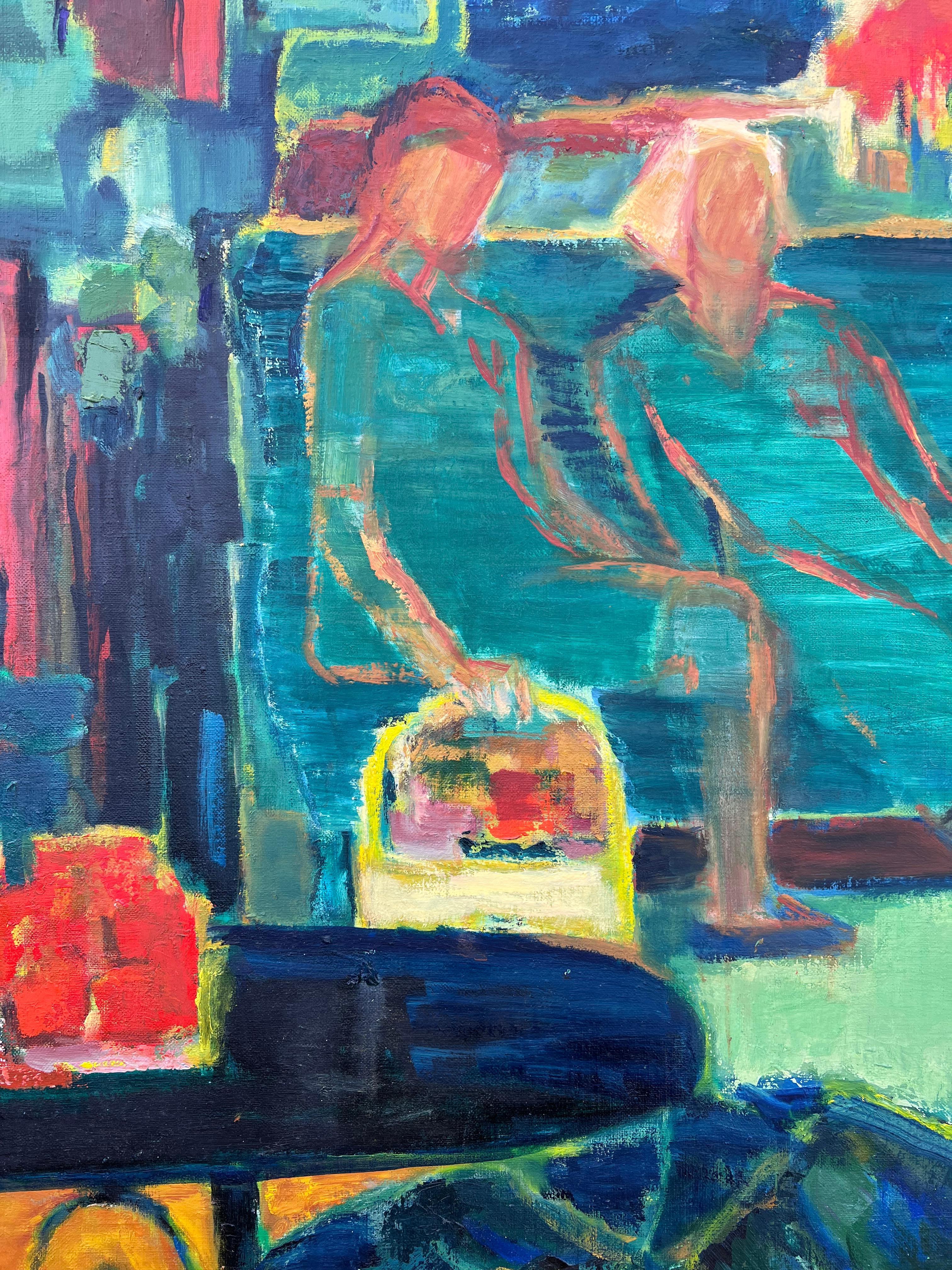 HUGE 20th Century French Modernist Oil Painting Figures on Park Bench with Cat For Sale 4