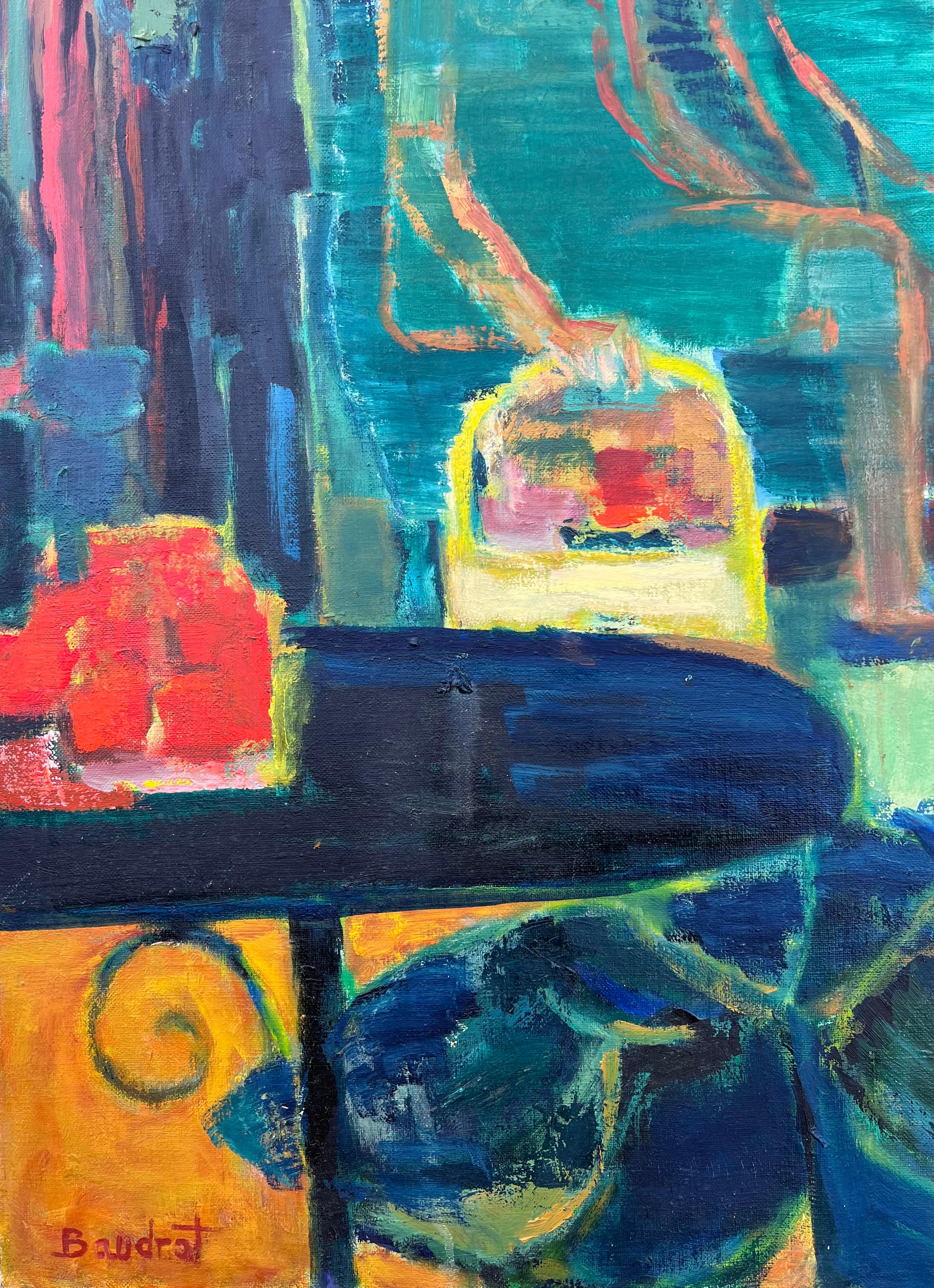 HUGE 20th Century French Modernist Oil Painting Figures on Park Bench with Cat For Sale 5