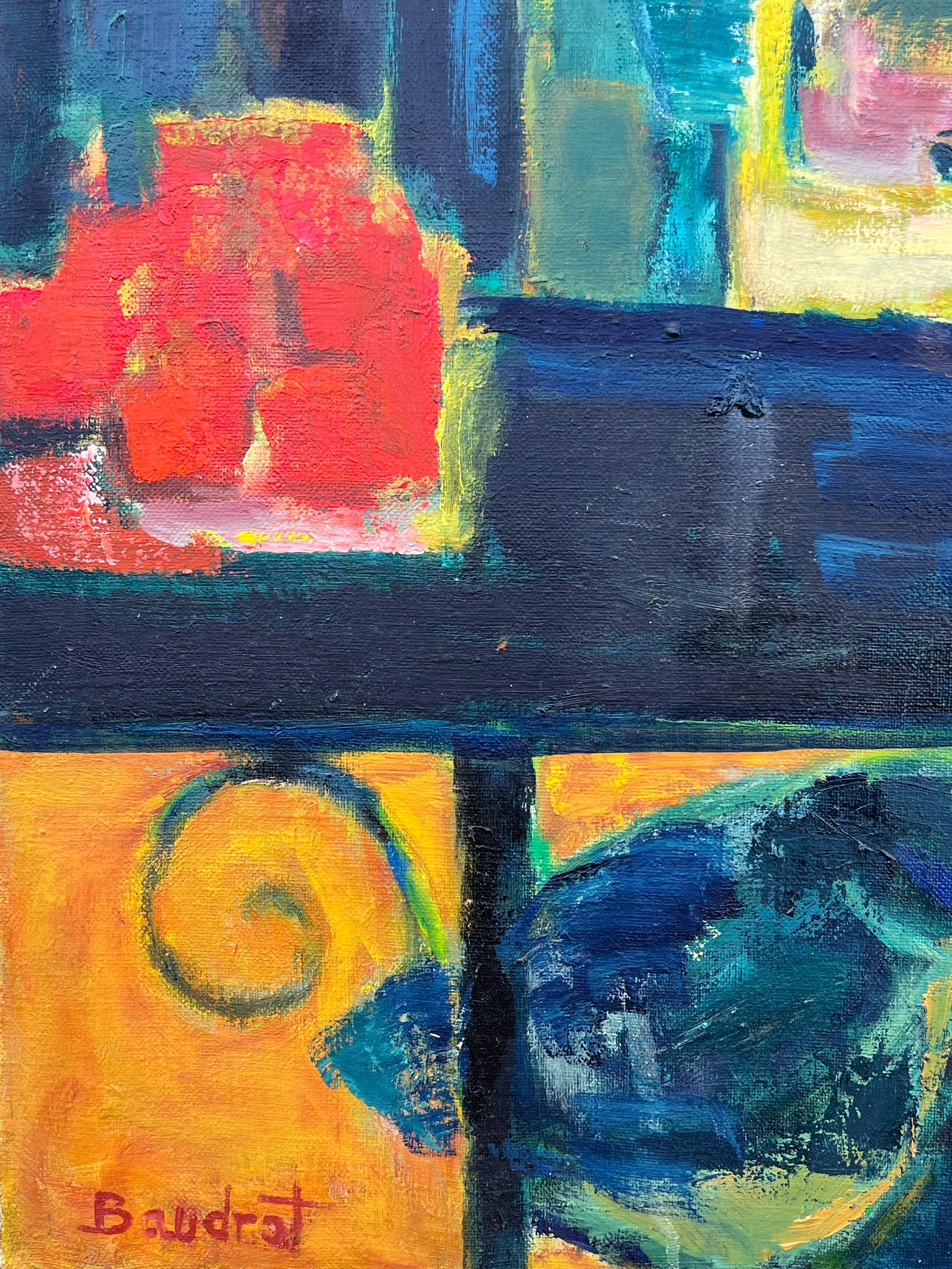HUGE 20th Century French Modernist Oil Painting Figures on Park Bench with Cat For Sale 6