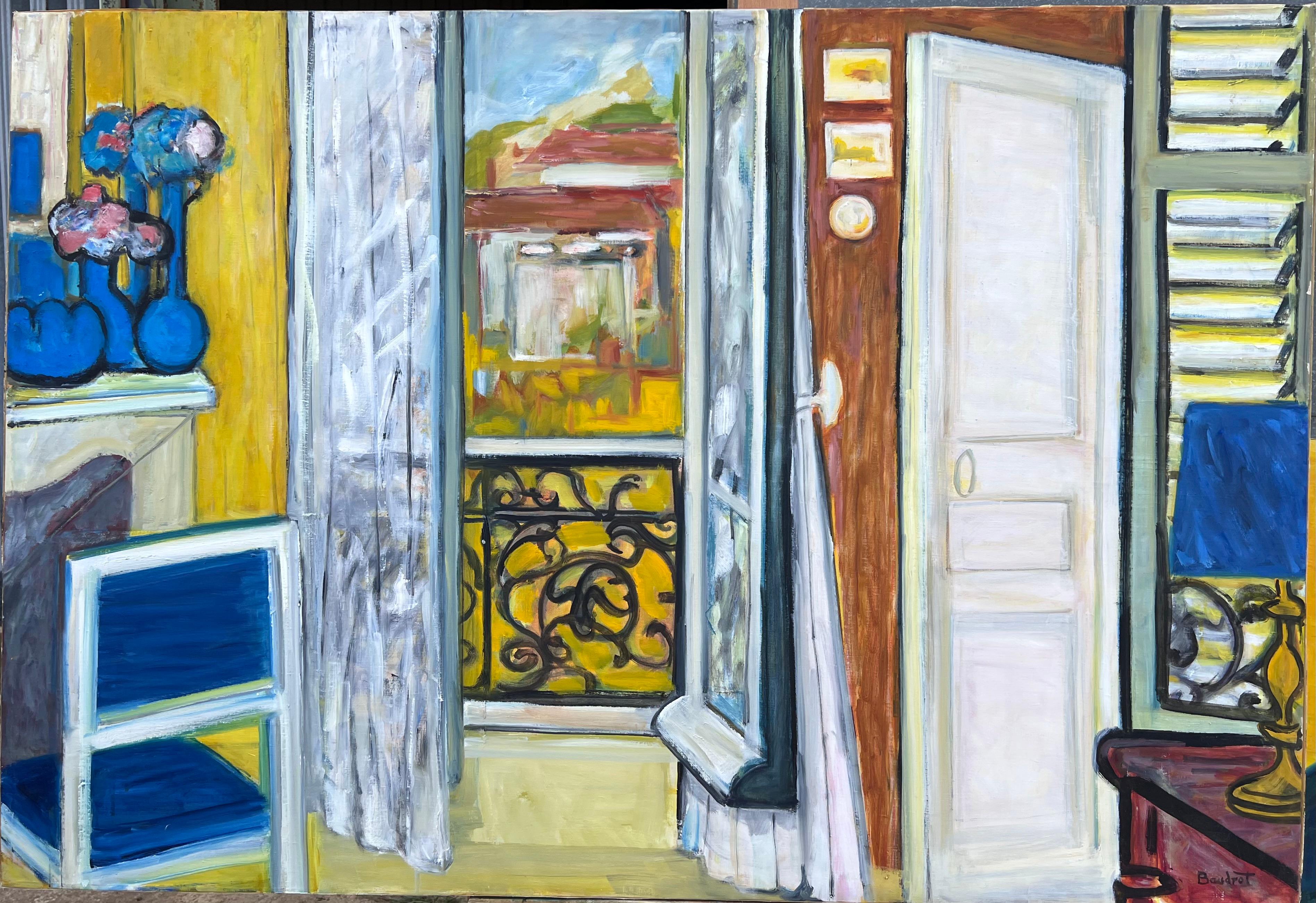 HUGE 20. Jahrhundert Französisch Modernist Ölgemälde Innenraum Balkon Fenster – Painting von Huguette Baudrot