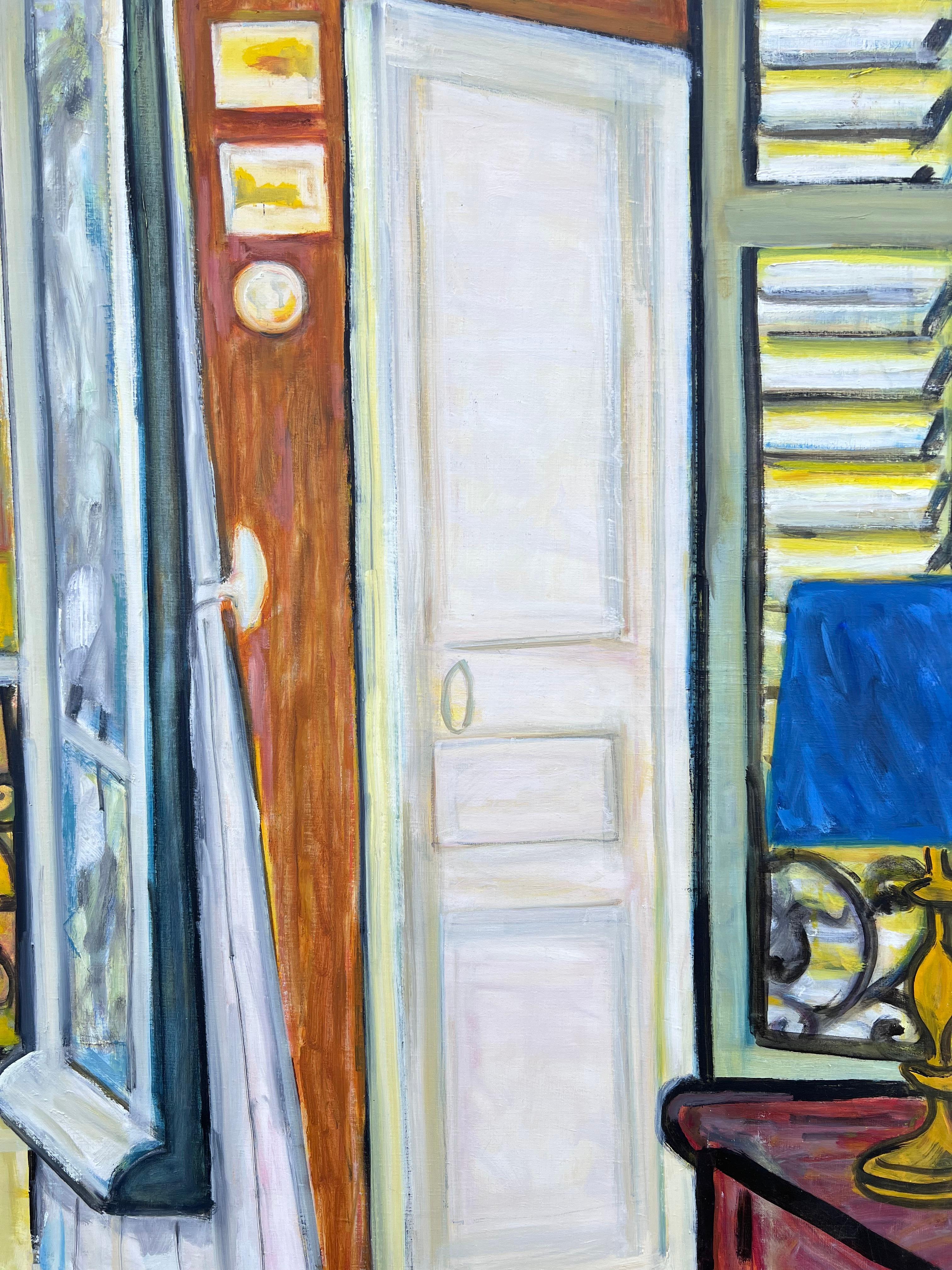HUGE 20. Jahrhundert Französisch Modernist Ölgemälde Innenraum Balkon Fenster (Post-Impressionismus), Painting, von Huguette Baudrot
