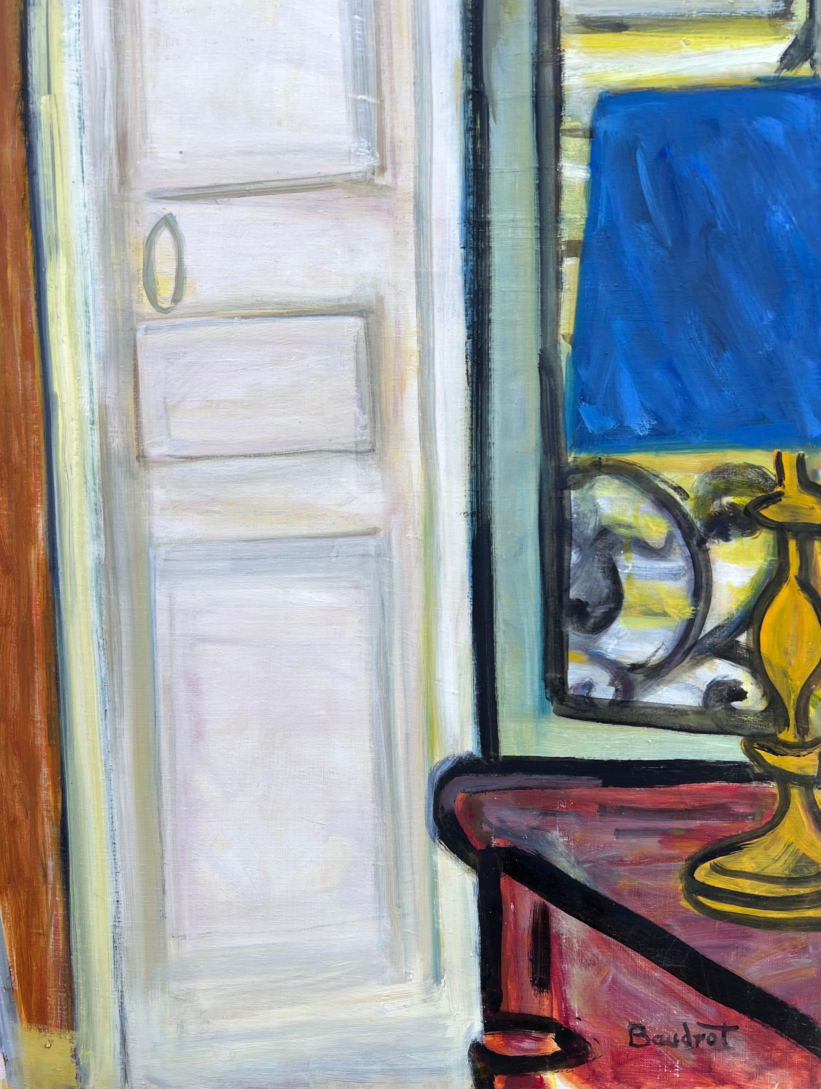 HUGE 20. Jahrhundert Französisch Modernist Ölgemälde Innenraum Balkon Fenster (Grau), Interior Painting, von Huguette Baudrot