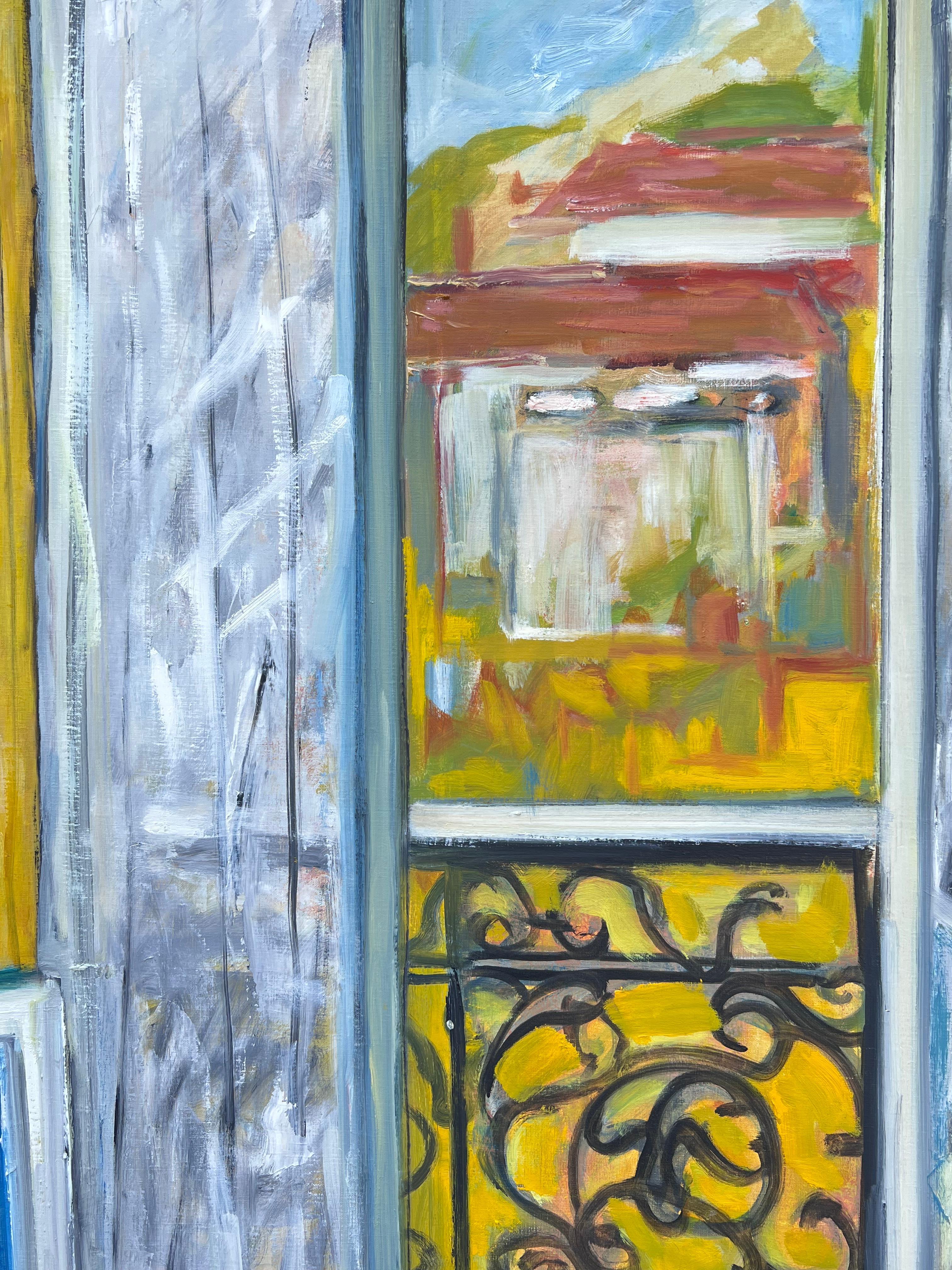 HUGE 20. Jahrhundert Französisch Modernist Ölgemälde Innenraum Balkon Fenster im Angebot 1