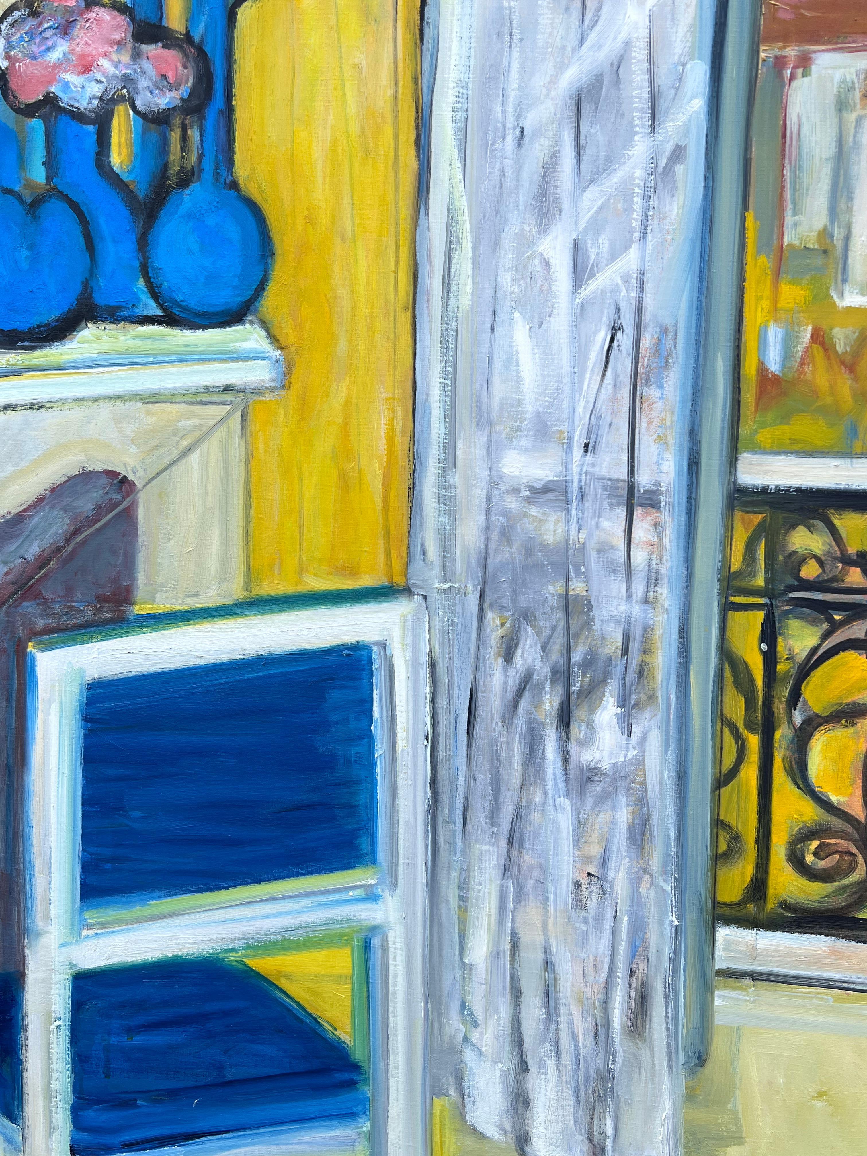 HUGE 20. Jahrhundert Französisch Modernist Ölgemälde Innenraum Balkon Fenster im Angebot 3