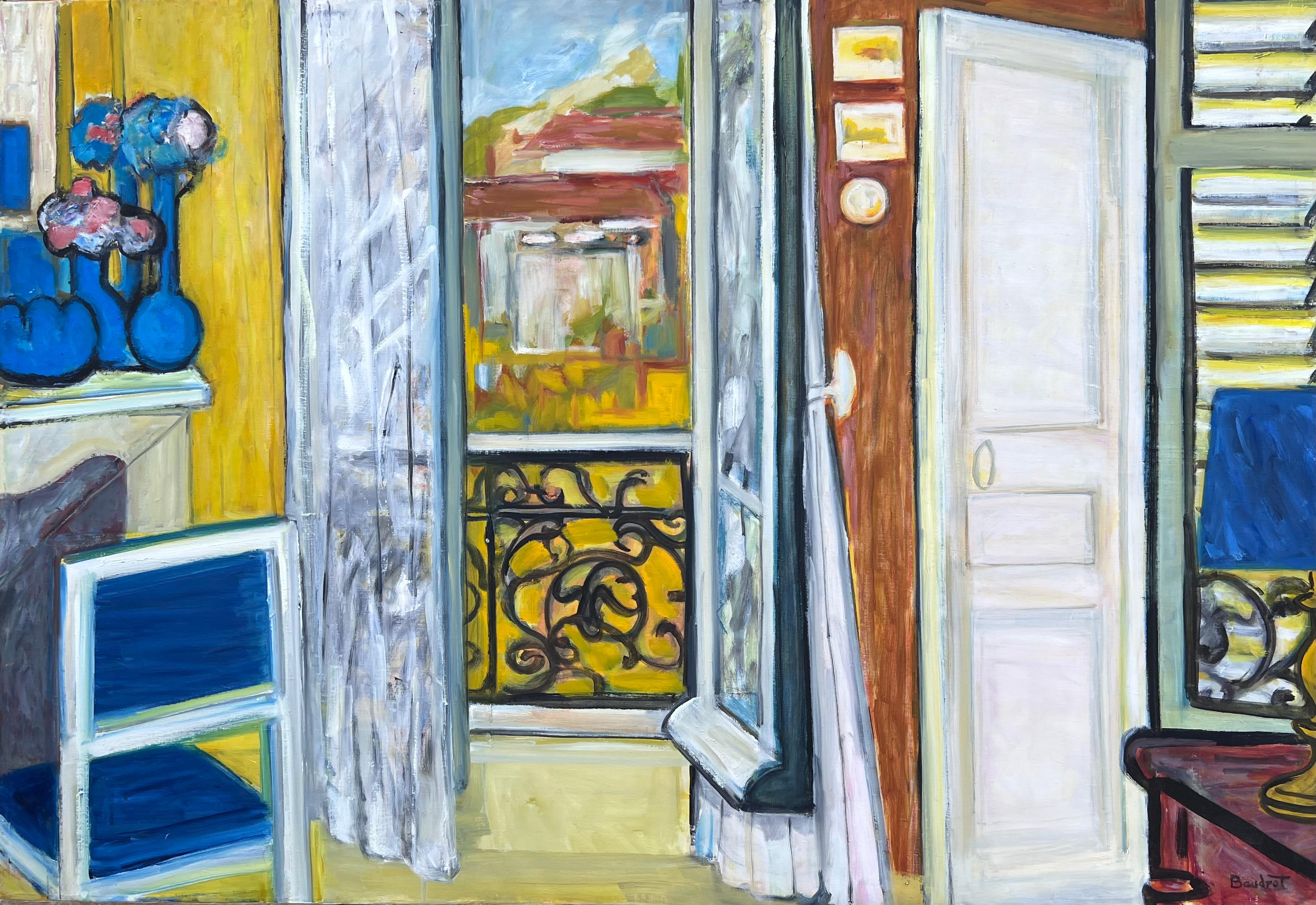 Huguette Baudrot Interior Painting – HUGE 20. Jahrhundert Französisch Modernist Ölgemälde Innenraum Balkon Fenster