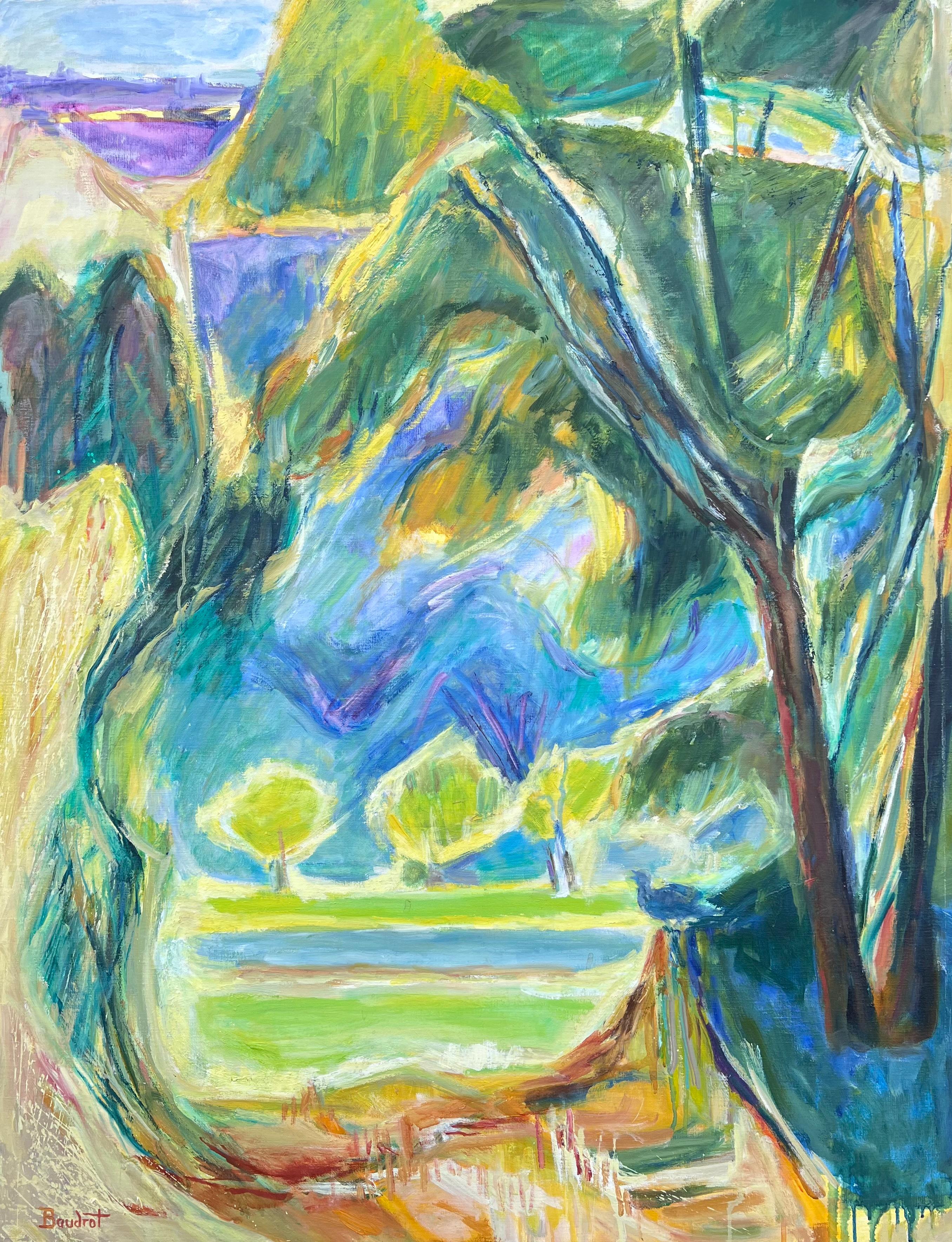 ENORME Pintura al óleo postimpresionista francesa del siglo XX Vista de un exuberante jardín verde