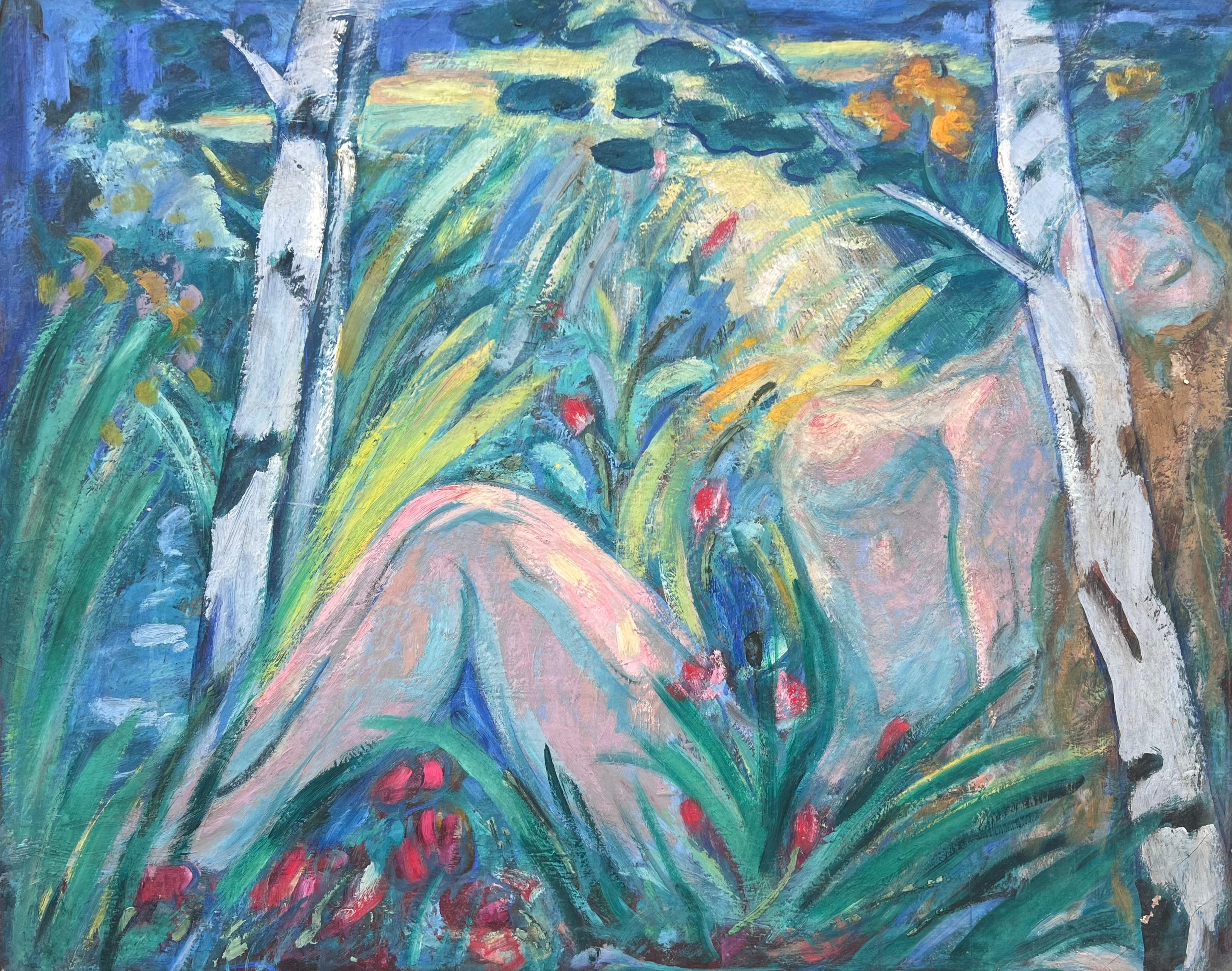 Immense peinture à l'huile moderniste française du milieu du siècle Femme nue dans un jardin luxuriant et boisé - Painting de Huguette Baudrot