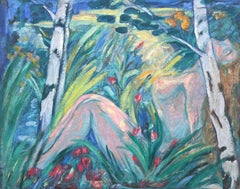 Riesige Mid Century Französisch Modernist Ölgemälde nackte Frau in üppigen bewaldeten Garten