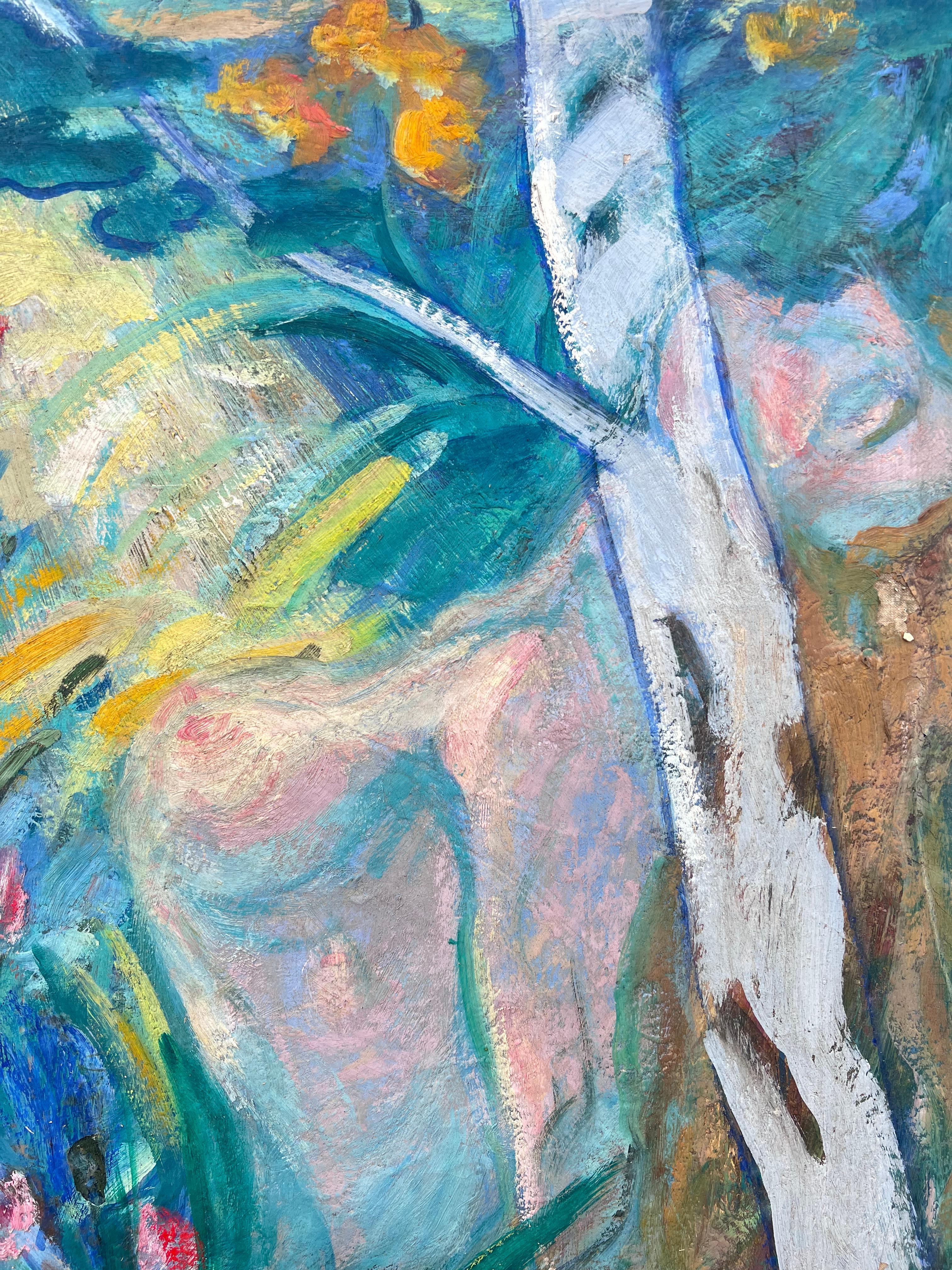 Immense peinture à l'huile moderniste française du milieu du siècle Femme nue dans un jardin luxuriant et boisé - Post-impressionnisme Painting par Huguette Baudrot