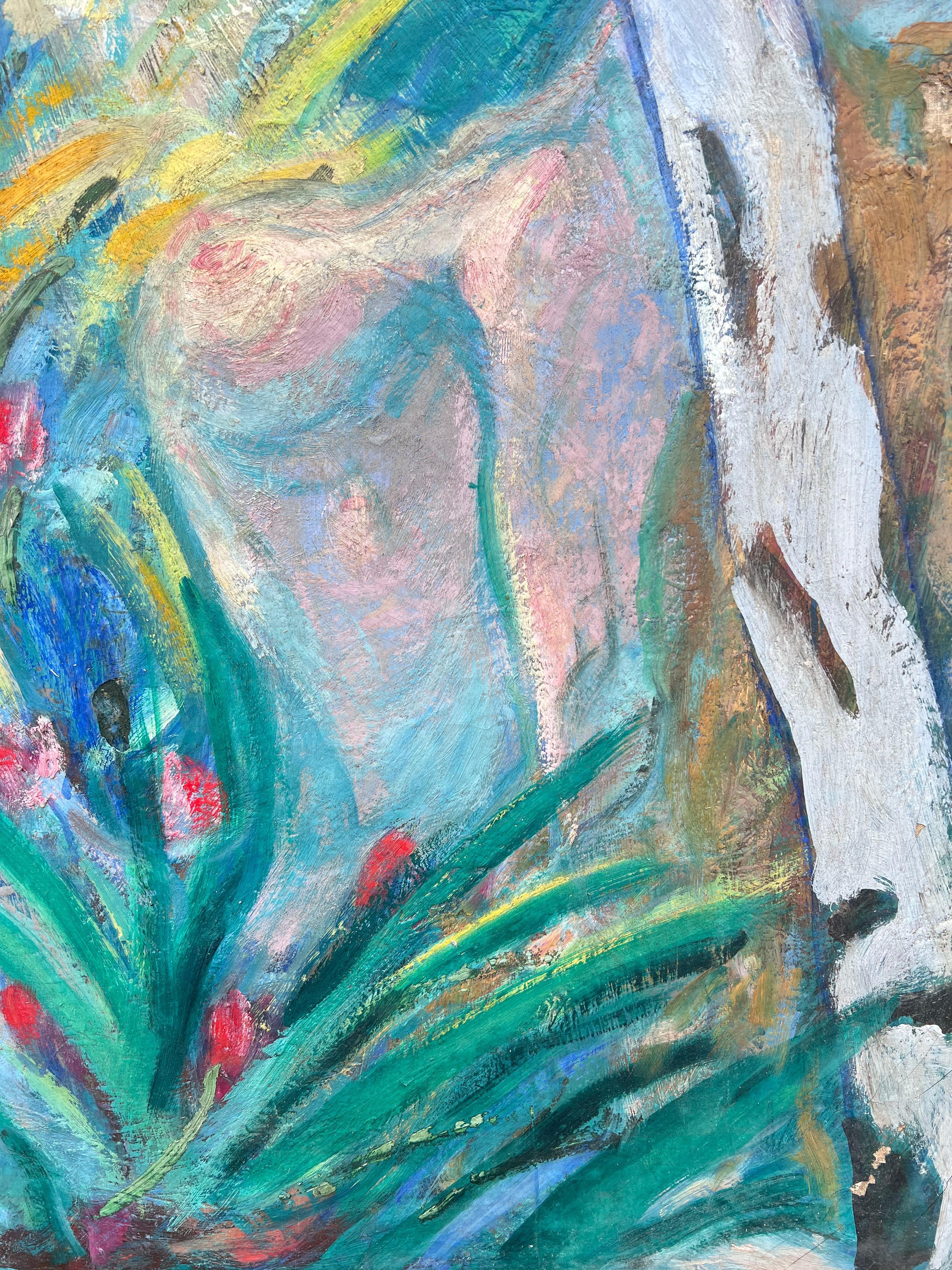 Immense peinture à l'huile moderniste française du milieu du siècle Femme nue dans un jardin luxuriant et boisé - Bleu Landscape Painting par Huguette Baudrot