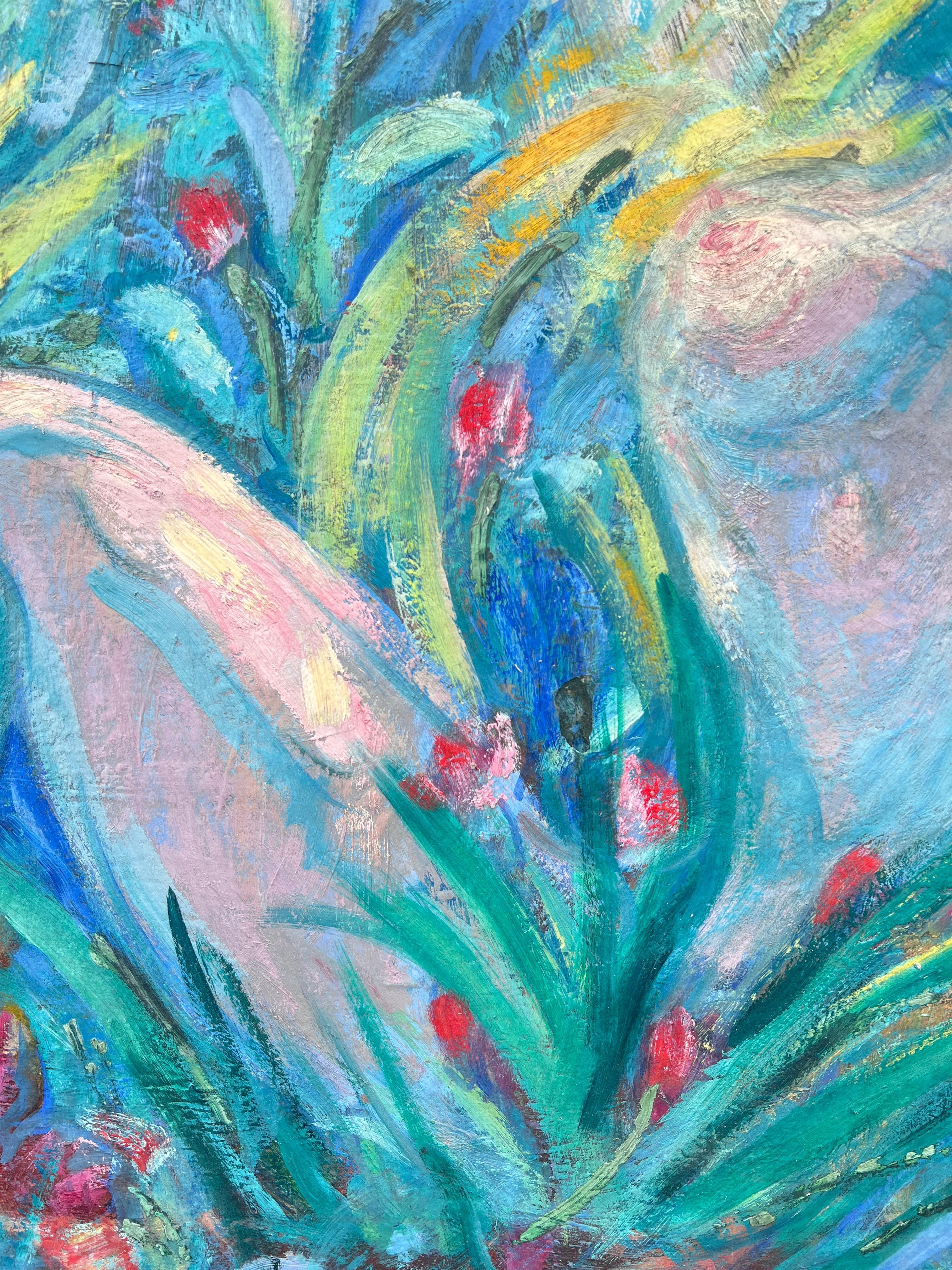 Immense peinture à l'huile moderniste française du milieu du siècle Femme nue dans un jardin luxuriant et boisé en vente 1