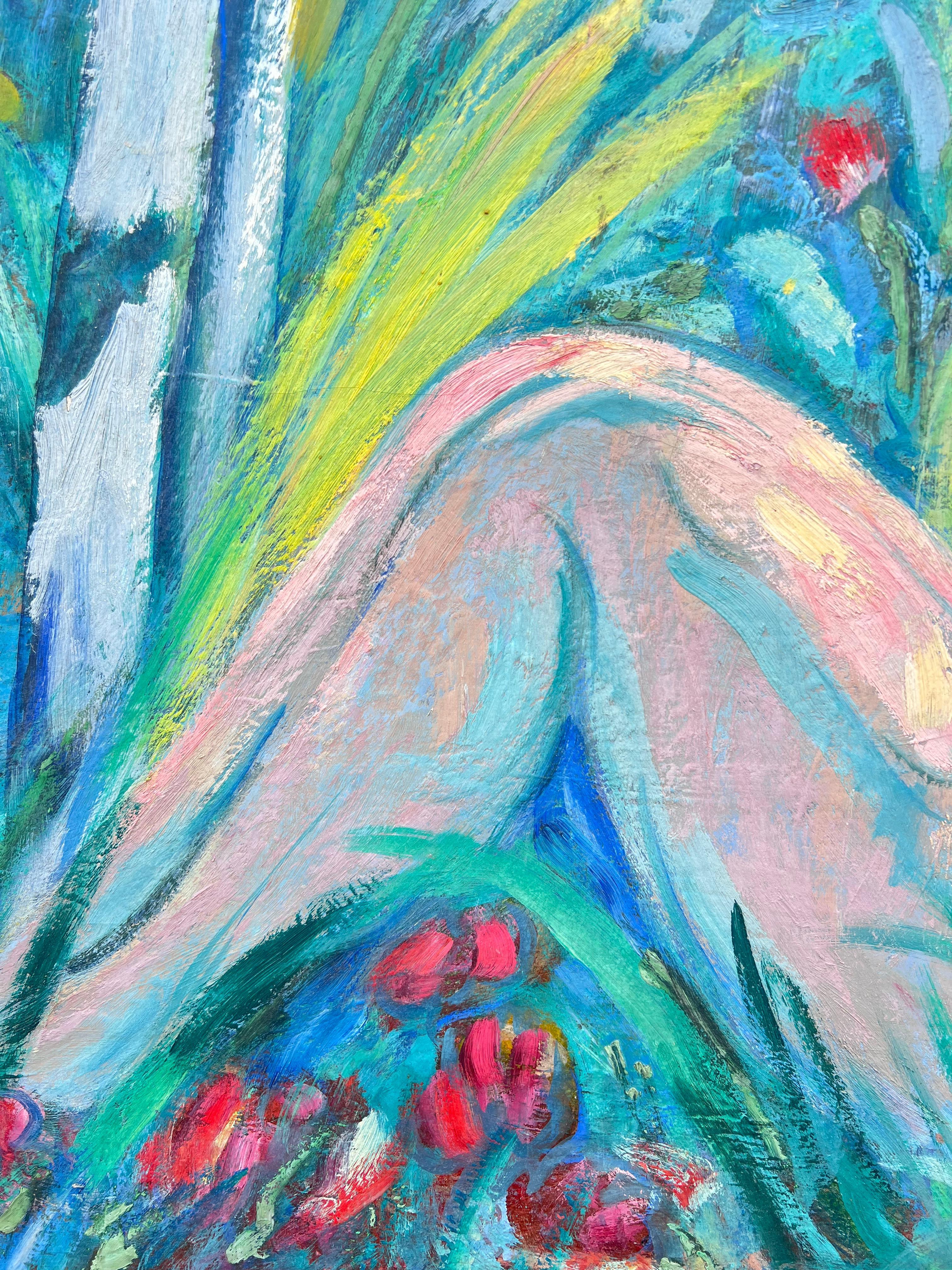 Immense peinture à l'huile moderniste française du milieu du siècle Femme nue dans un jardin luxuriant et boisé en vente 2