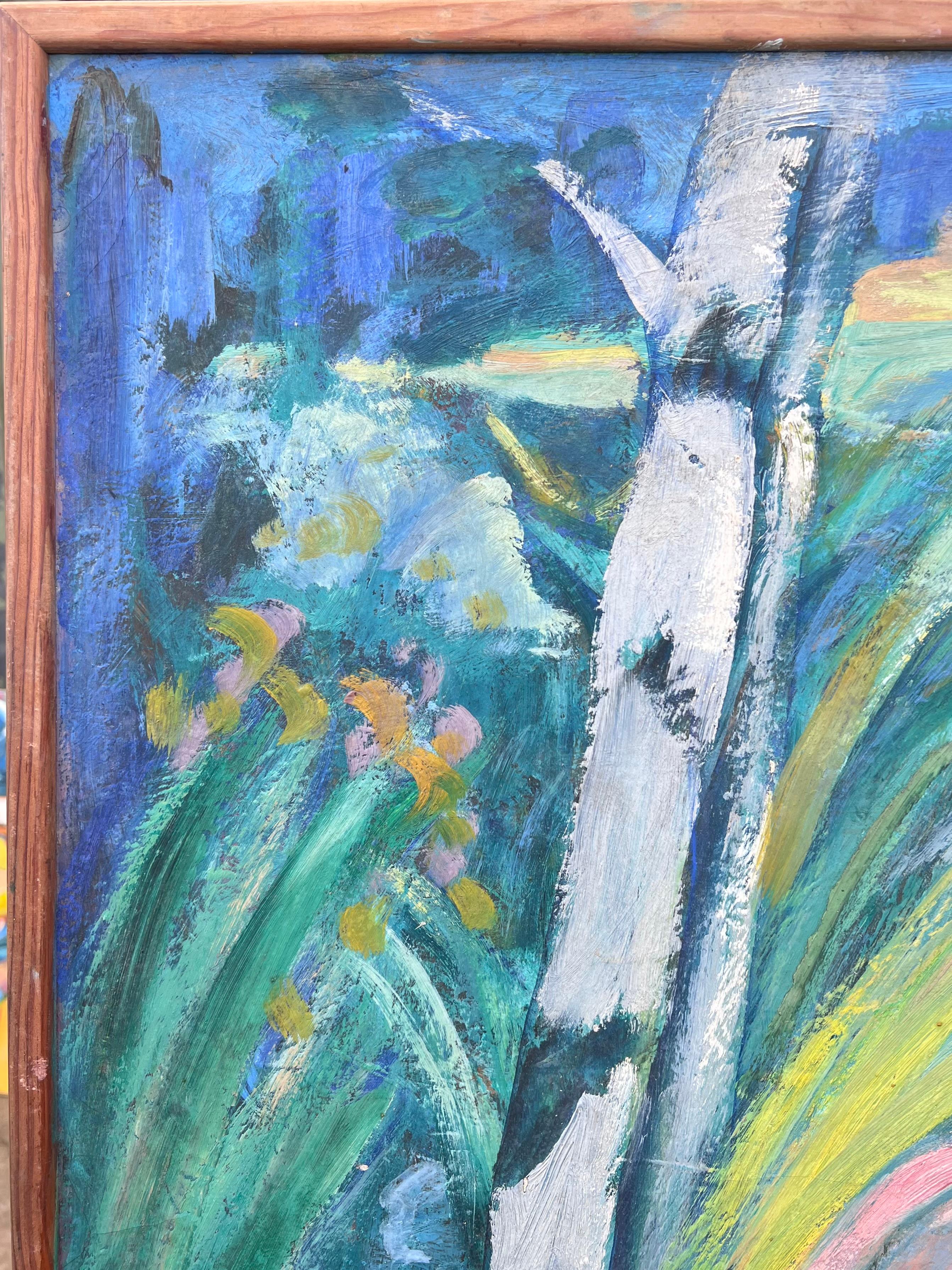 Immense peinture à l'huile moderniste française du milieu du siècle Femme nue dans un jardin luxuriant et boisé en vente 3
