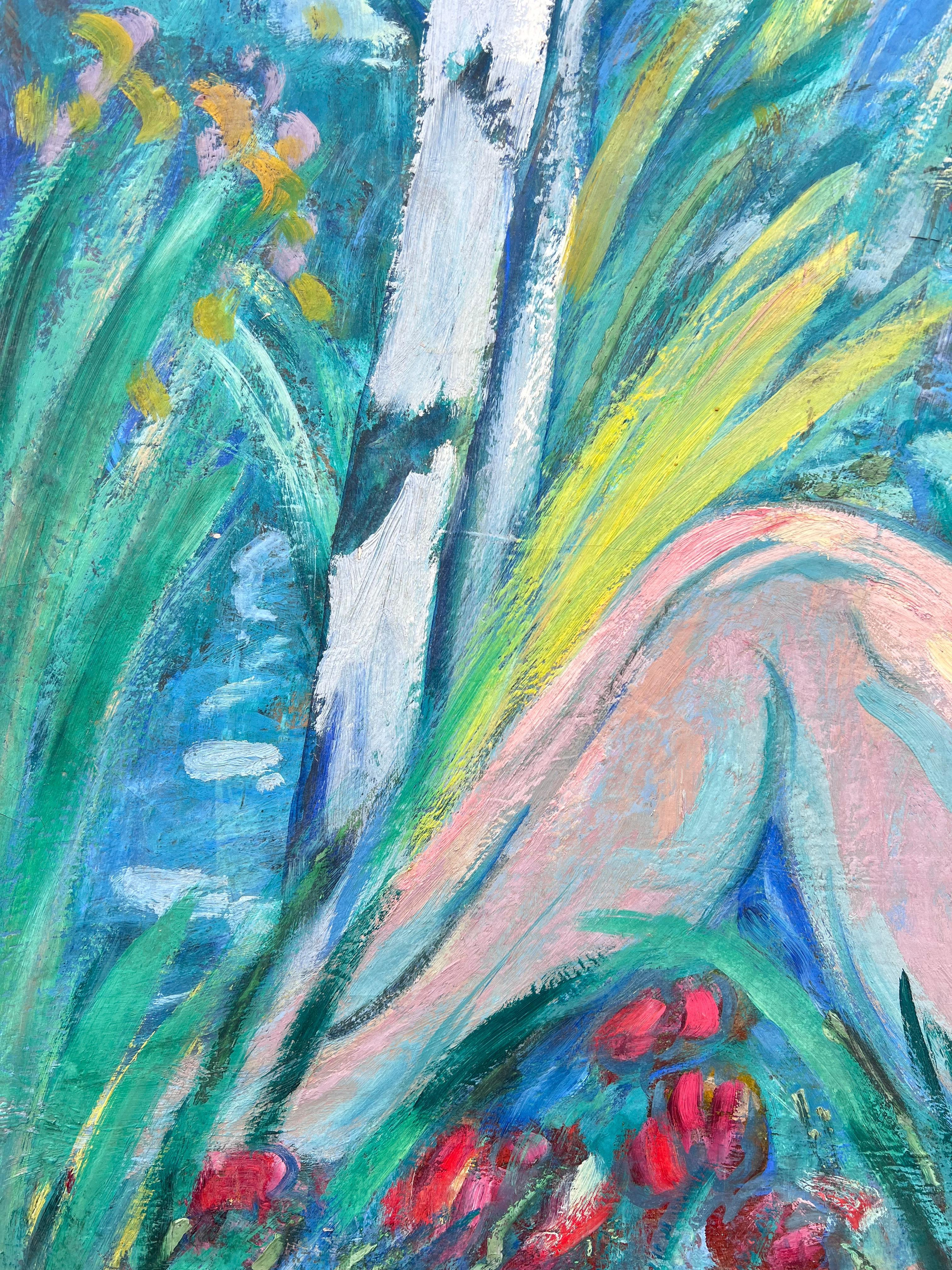 Immense peinture à l'huile moderniste française du milieu du siècle Femme nue dans un jardin luxuriant et boisé en vente 4