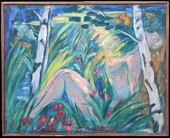 Huge Mid Century French Modernist Oil Painting Nude Woman in Lush Wooded Garden