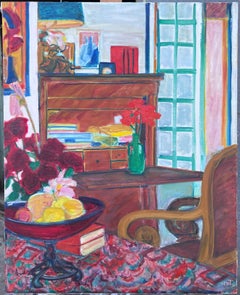 Modernistisches Ölgemälde eines verrückten französischen Interieurs mit Schreibtisch und Blumen