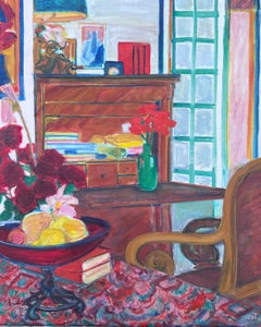 Modernist Oil Painting of a Wacky French Interior Writing Desk and Flowers
