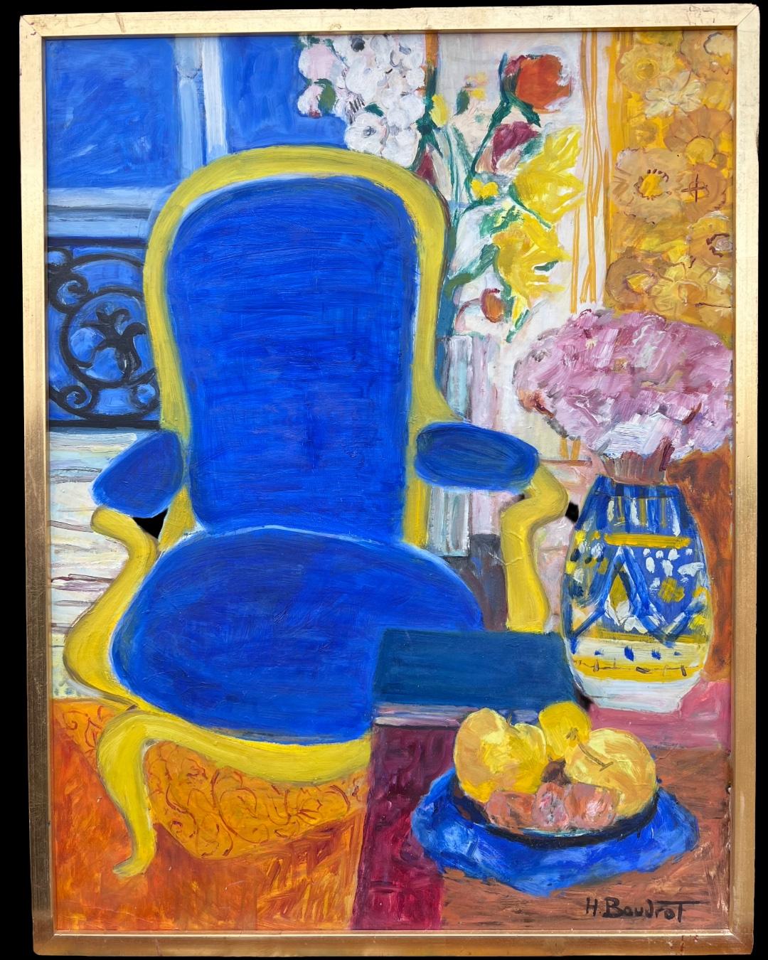 Original Französisch Modernist 20. Jahrhundert Ölgemälde Blauer Stuhl in Innenraum – Painting von Huguette Baudrot