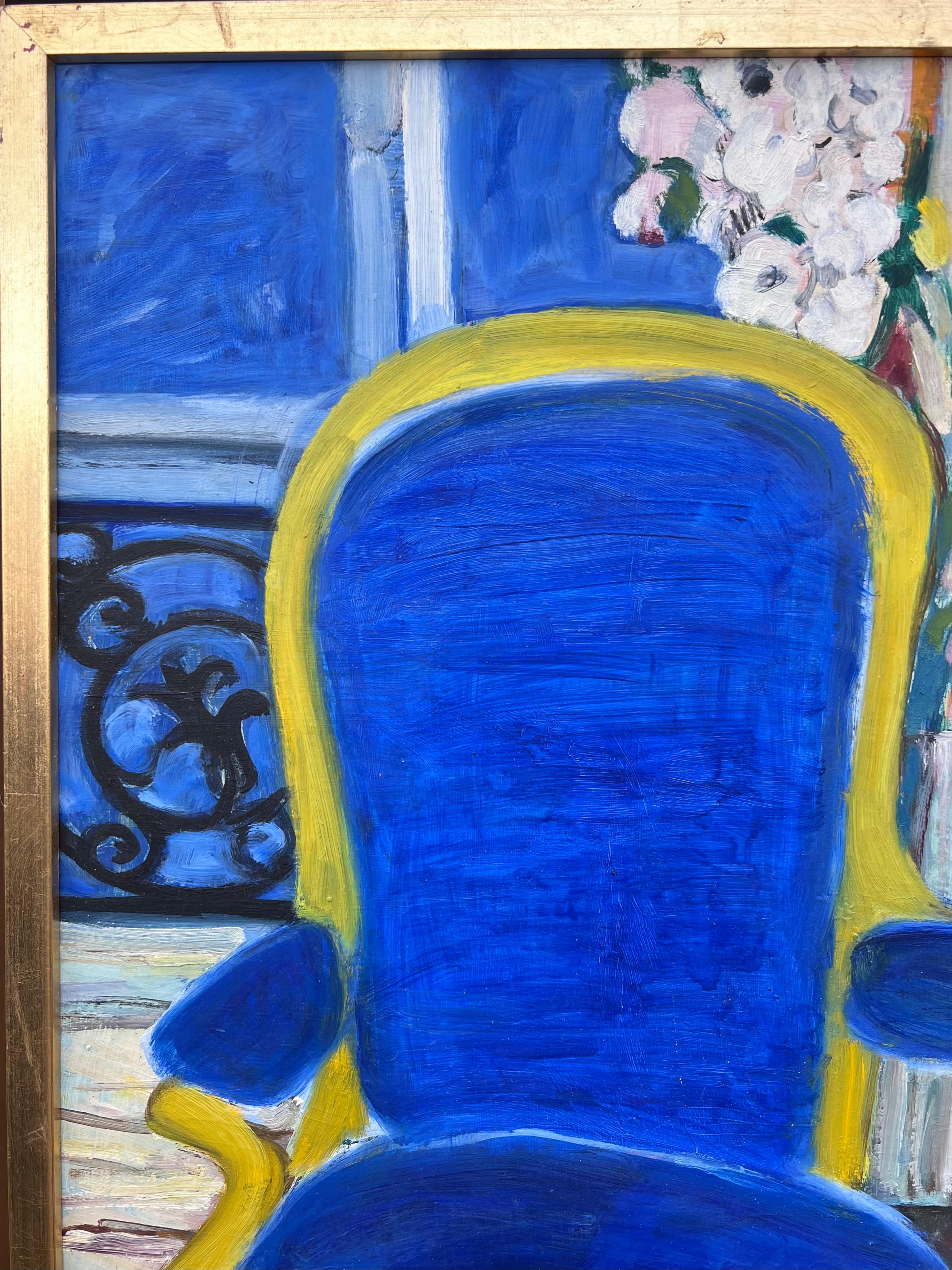 Original Französisch Modernist 20. Jahrhundert Ölgemälde Blauer Stuhl in Innenraum (Post-Impressionismus), Painting, von Huguette Baudrot