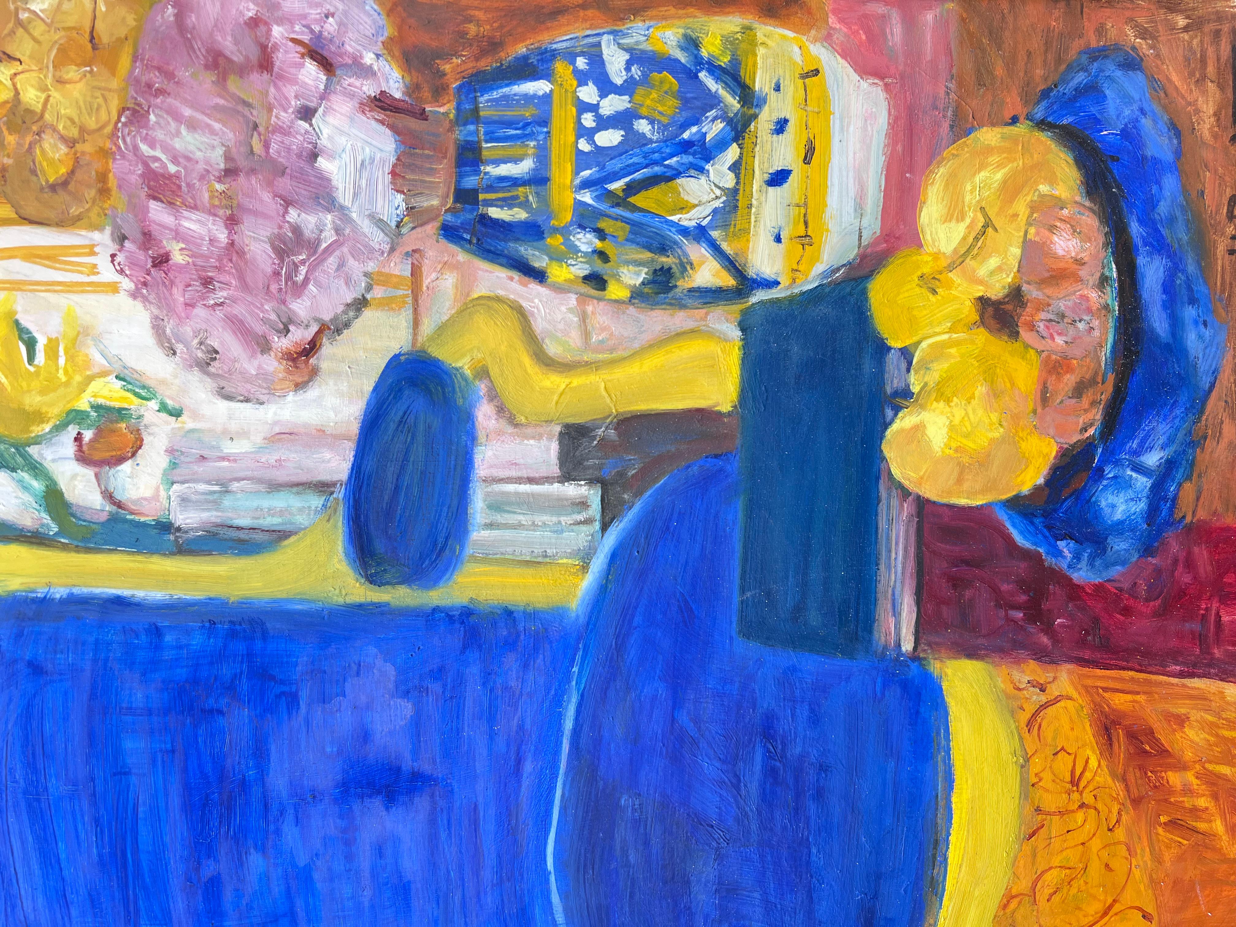 Der Blaue Stuhl Interieur
Original-Ölgemälde von Huguette Baudrot (Französin, 1929-2023) *siehe weitere Anmerkungen unten

Postimpressionistisches Ölgemälde der bekannten und bewunderten französischen Malerin Huguette Baudrot. Das Werk hat eine