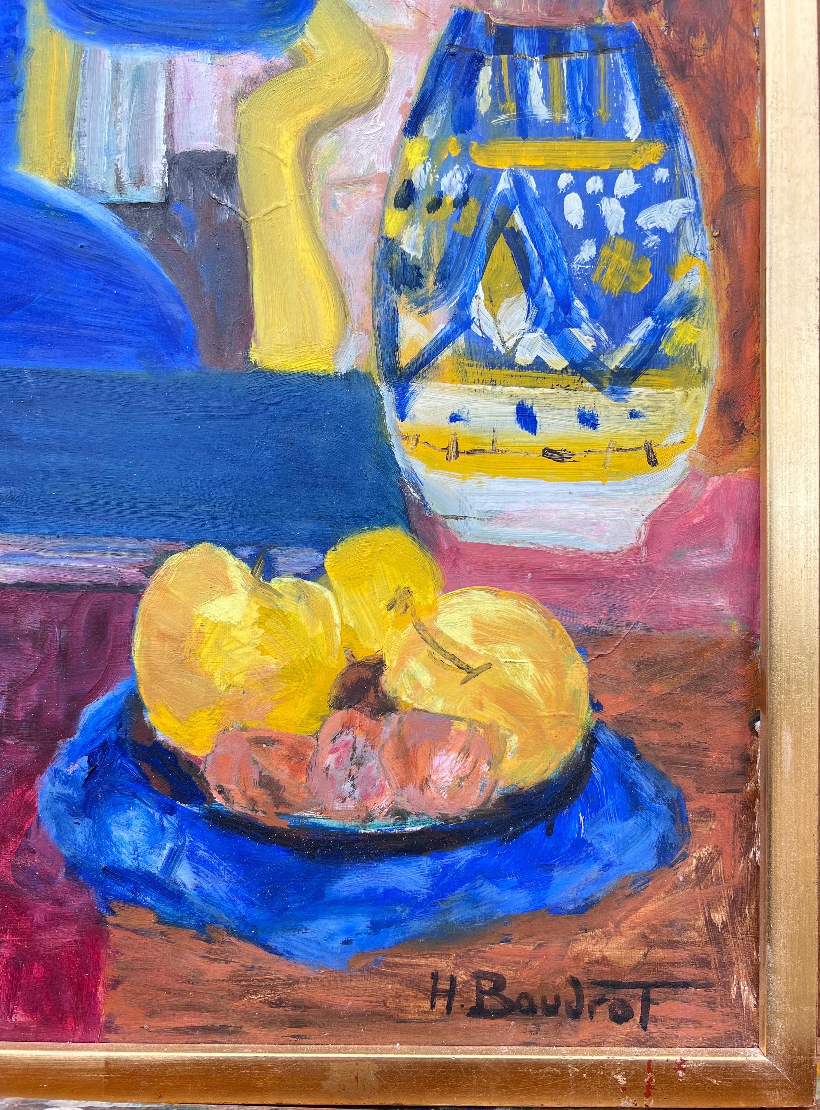 Original Französisch Modernist 20. Jahrhundert Ölgemälde Blauer Stuhl in Innenraum im Angebot 1