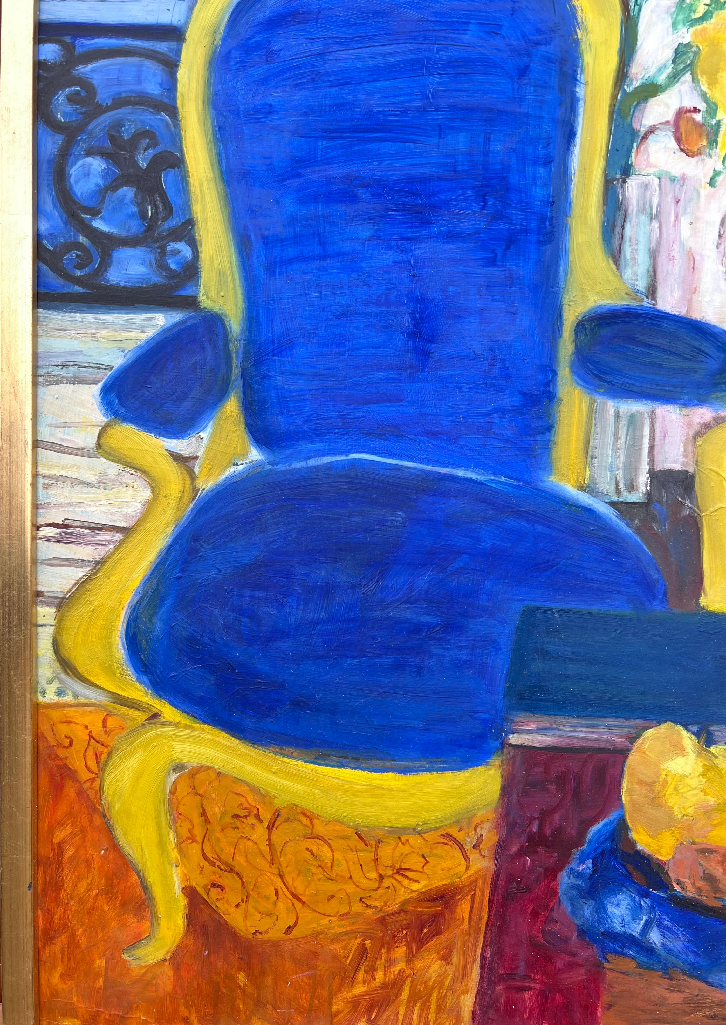 Original Französisch Modernist 20. Jahrhundert Ölgemälde Blauer Stuhl in Innenraum im Angebot 2