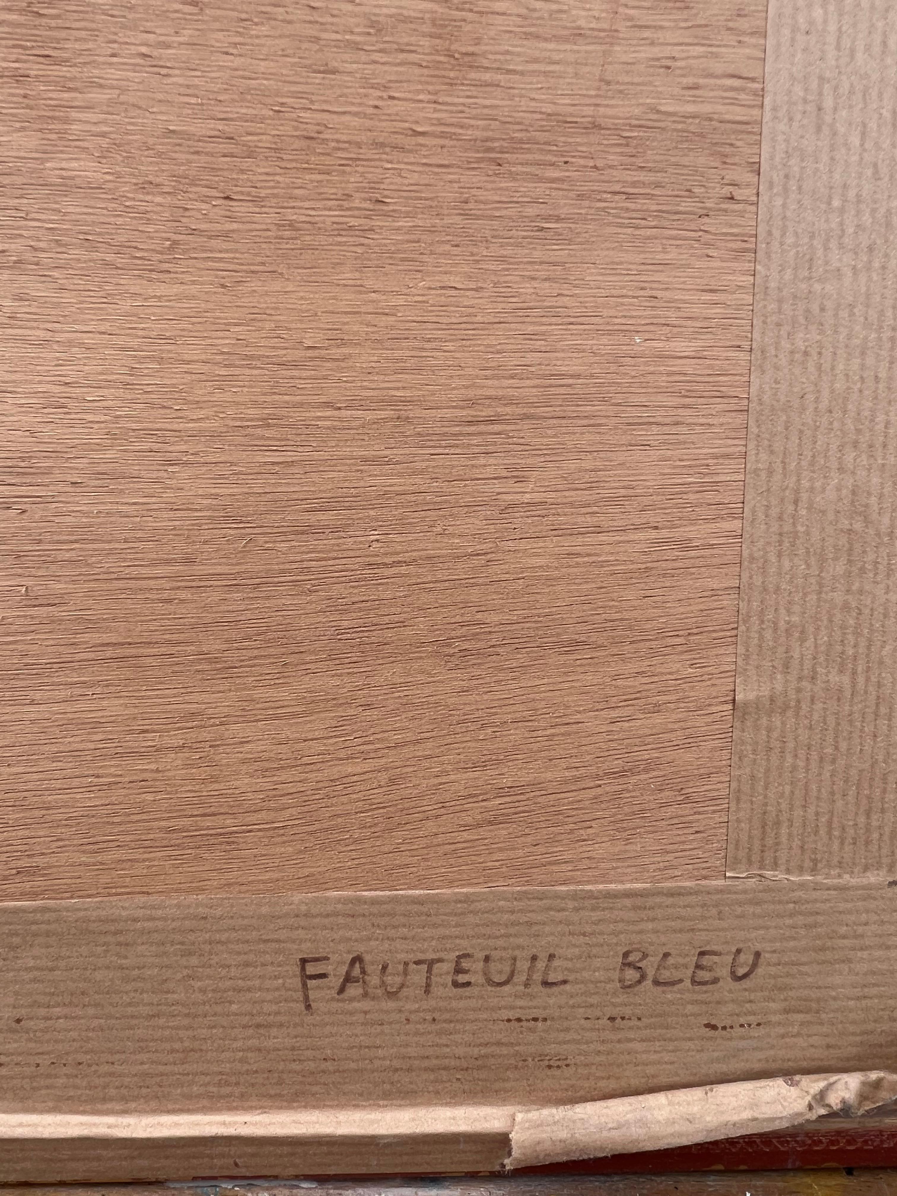 Original Französisch Modernist 20. Jahrhundert Ölgemälde Blauer Stuhl in Innenraum im Angebot 3