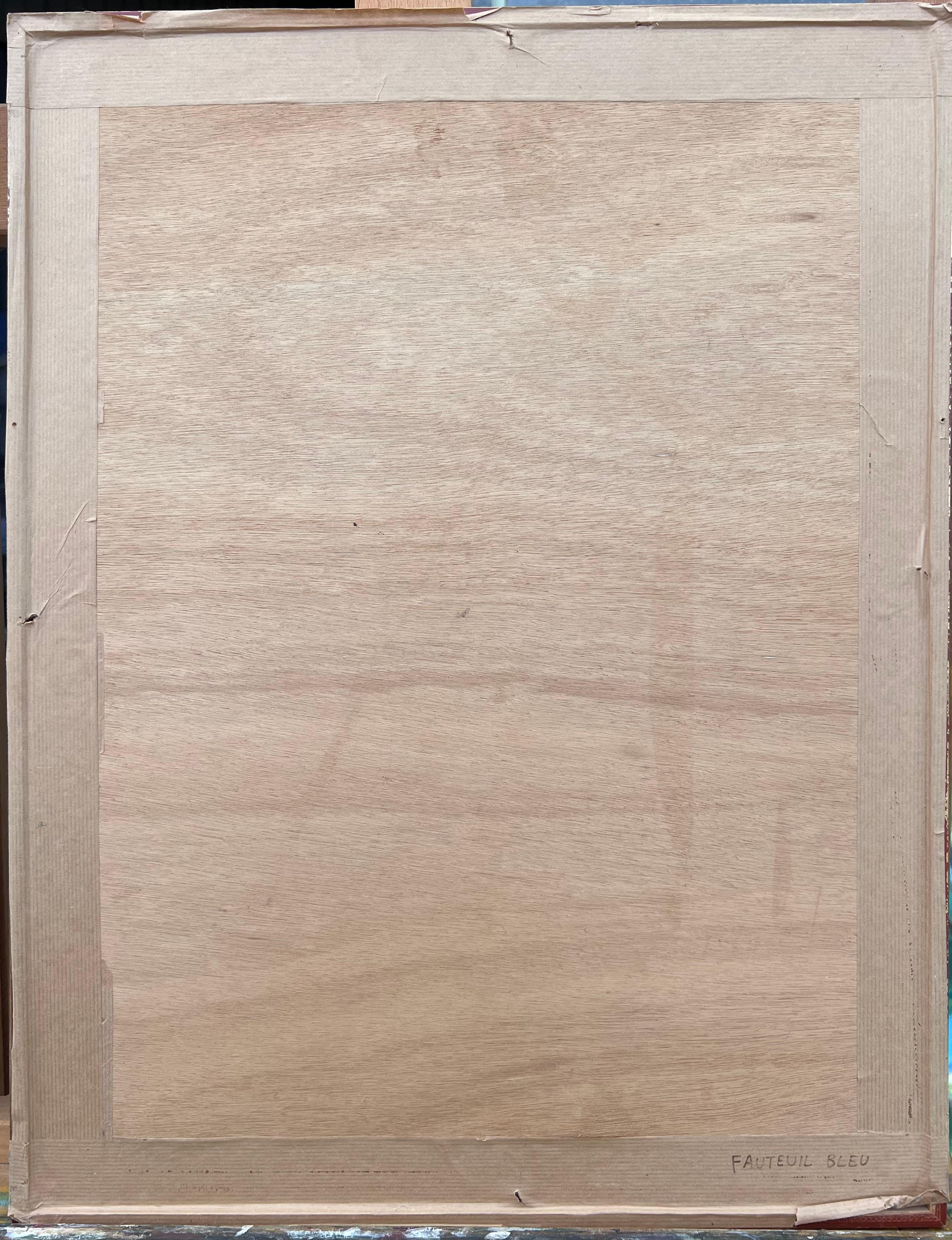 Original Französisch Modernist 20. Jahrhundert Ölgemälde Blauer Stuhl in Innenraum im Angebot 4