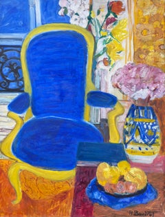 Original French Modernist 20th Century Oil Painting Blue Chair in Interior Room