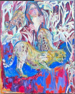 Wacky French Modernist 20th Century Oil Painting of Figures with a Leopard