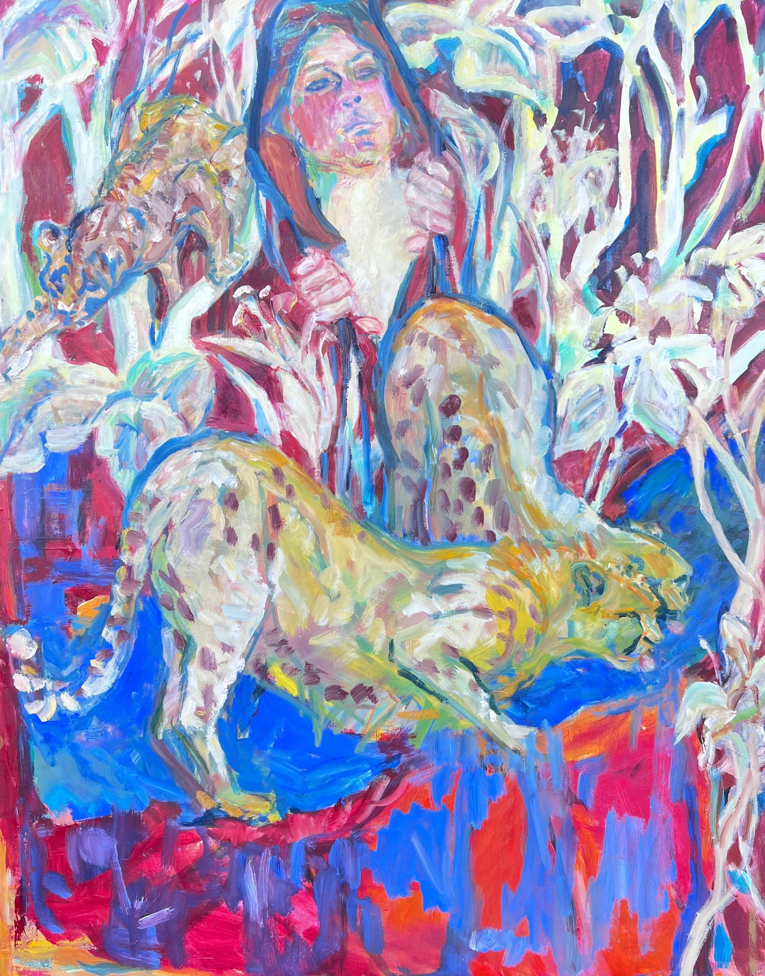 Huguette Baudrot Abstract Painting - Wacky French Modernist 20th Century Oil Painting of Figures with a Leopard