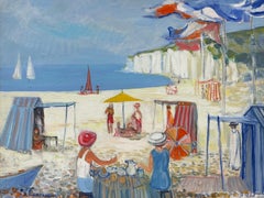 Beautiful French Modernist Signed Oil Le Touquet Beach Busy Colorful Scene