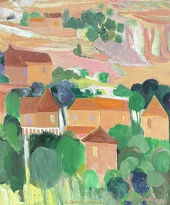 Beautiful French Modernist Signed Oil Sunny Roof tops over Provence Landscape
