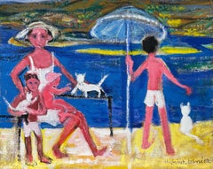 French Modernist Oil Colorful Busy Beach Scene Family Enjoying Summer on Beach
