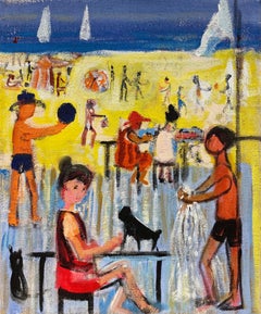 French Modernist Oil Colorful Busy Beach Scene Figures Enjoying Summer