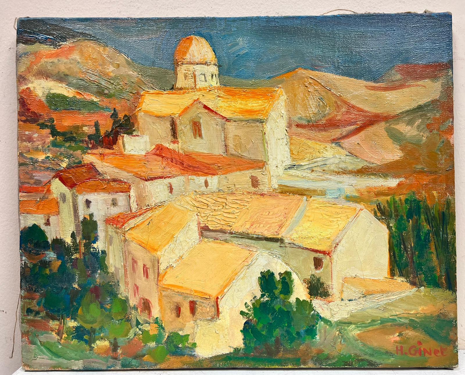 1950's French Impressionist Signed Oil Warm & Sunny Provence Village Landscape - Painting by Huguette Ginet-Lasnier 