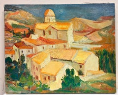 1950's French Impressionist Signed Oil Warm & Sunny Provence Village Landscape