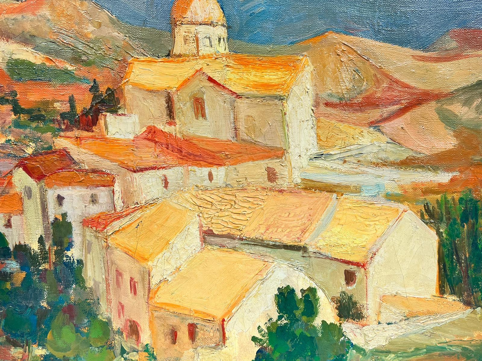 1950's French Impressionist Signed Oil Warm & Sunny Provence Village Landscape 1