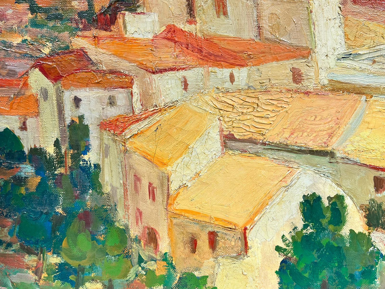 1950's French Impressionist Signed Oil Warm & Sunny Provence Village Landscape 2
