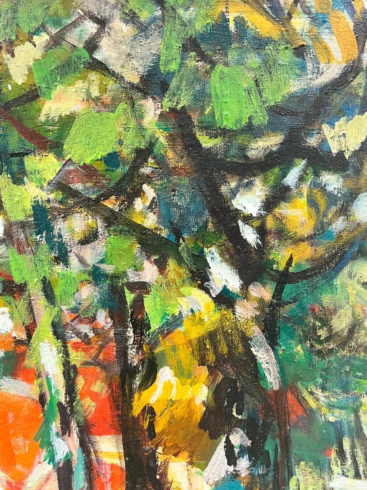 Olio del XX secolo francese post impressionista Paesaggio di alberi autunnali con luce dorata - Painting di Huguette Ginet-Lasnier 