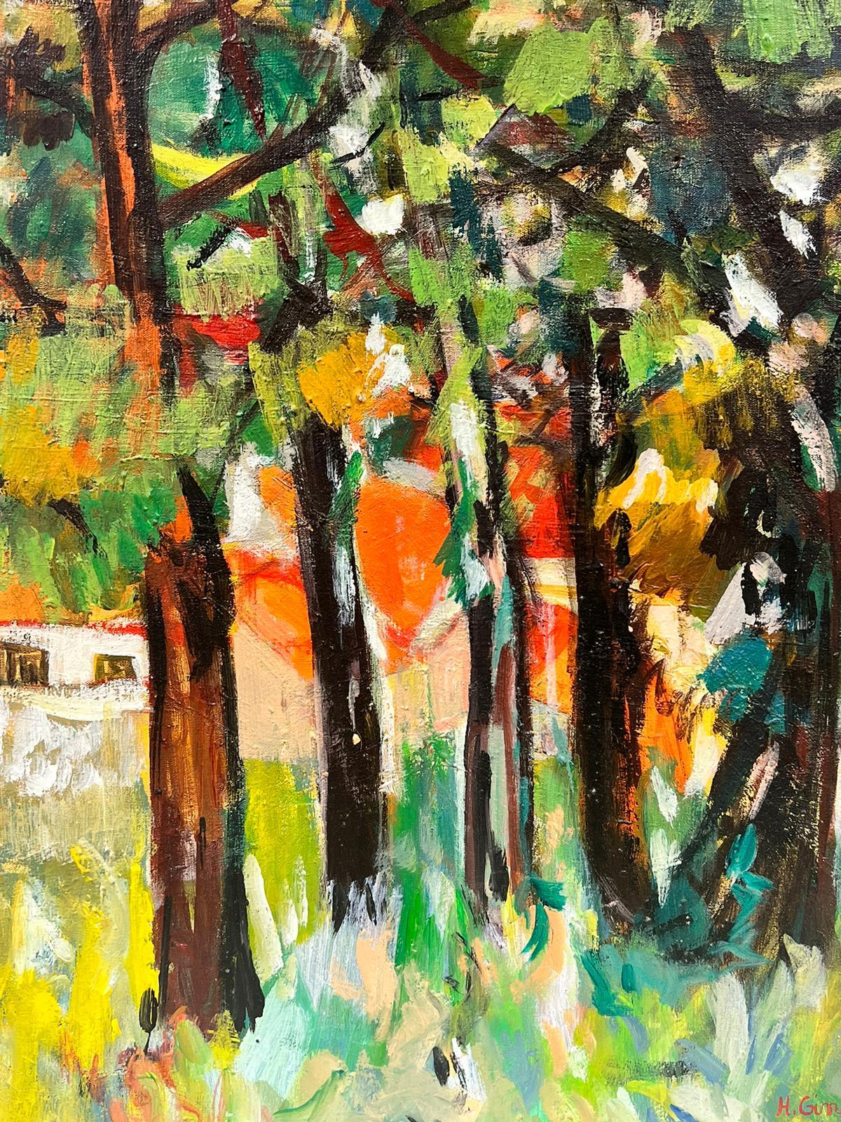 Olio del XX secolo francese post impressionista Paesaggio di alberi autunnali con luce dorata - Painting Postimpressionismo di Huguette Ginet-Lasnier 